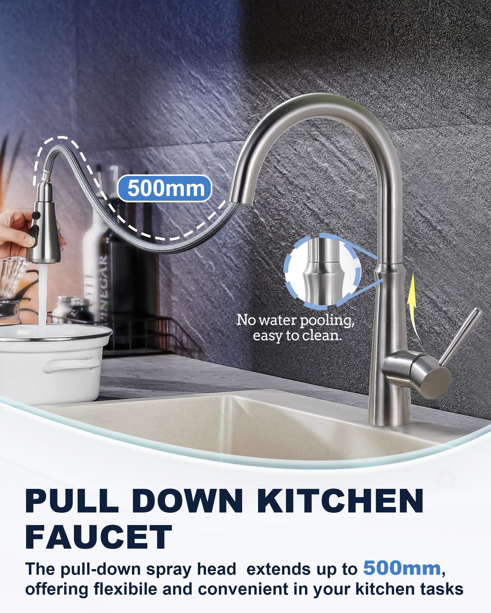 Wasserhahn Küche Ausziehbar, Hochdruck Küchenarmatur mit Brause,360° Schwenkbar Armatur Küche Mischbatterie mit Zwei Wasserstrahlarten, Einhebel Edelstahl Spültischarmatur küche,Gebürstet Nickel