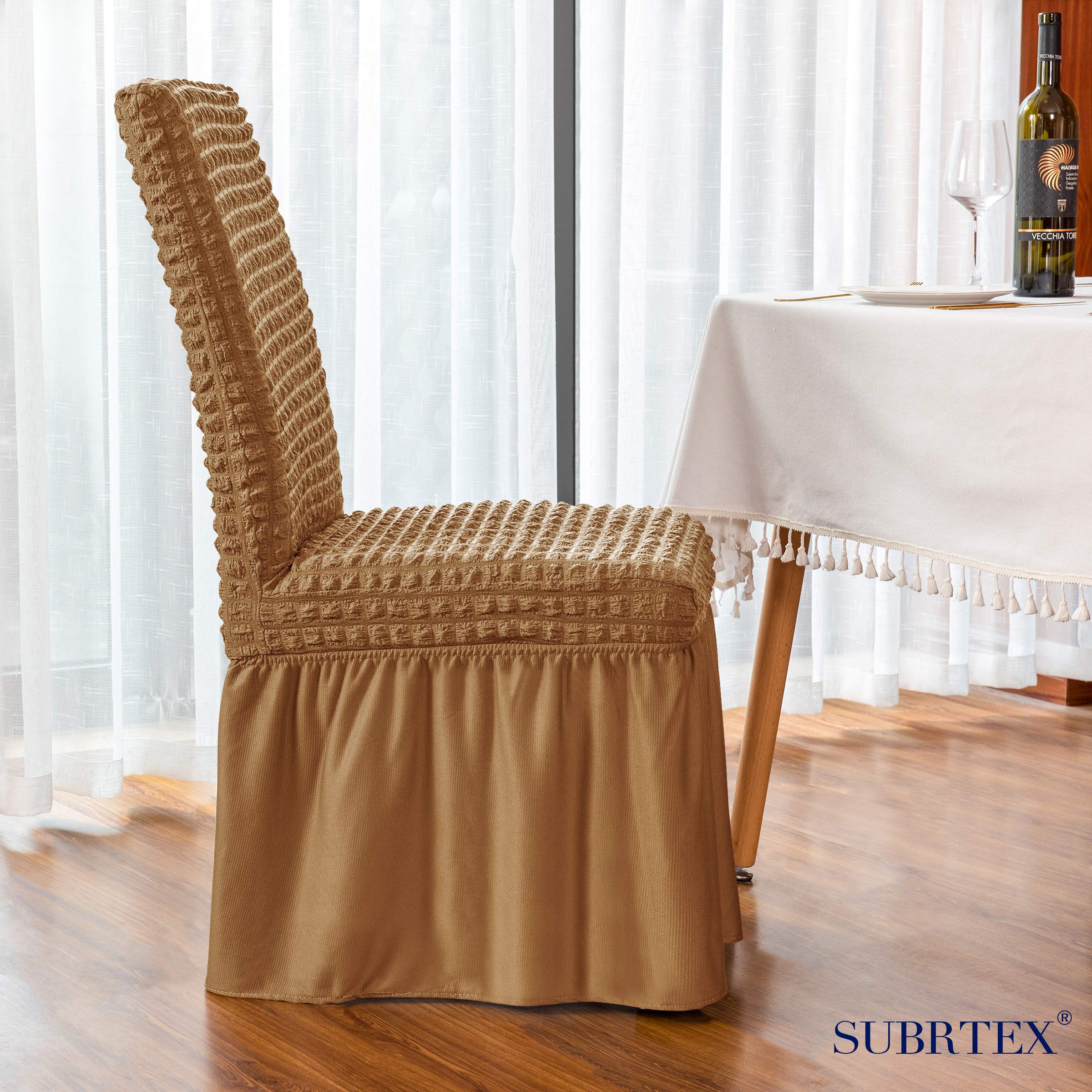 subrtex 4 Pcs Stretchy Dining Room Chair Covers with Long Skirt, Removable Washable Universal Anti-Dirty Parsons Slipcovers for Home Kitchen Party (4, Almond)