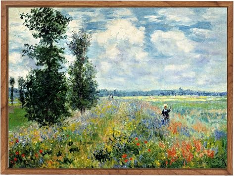 Framed Argenteuil Poppy Field Monet Canvas Wall Art Reproduction Classic Colourful Poppy Flower Fields Wall Painting Retro Green Fields Landscape Prints Pictures Decor for Living Room Bedroom 40X60cm