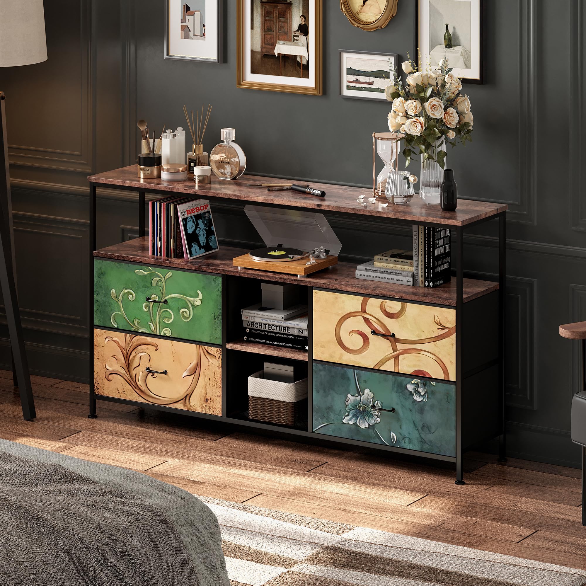 Mueble de TV con LED, 137 cm Armarios de Entretenimiento con 4 cajones de Almacenamiento extraíbles, Banco de TV con Espacio de Almacenamiento, Mueble de Salón Moderno﻿ (Color, 137cm)
