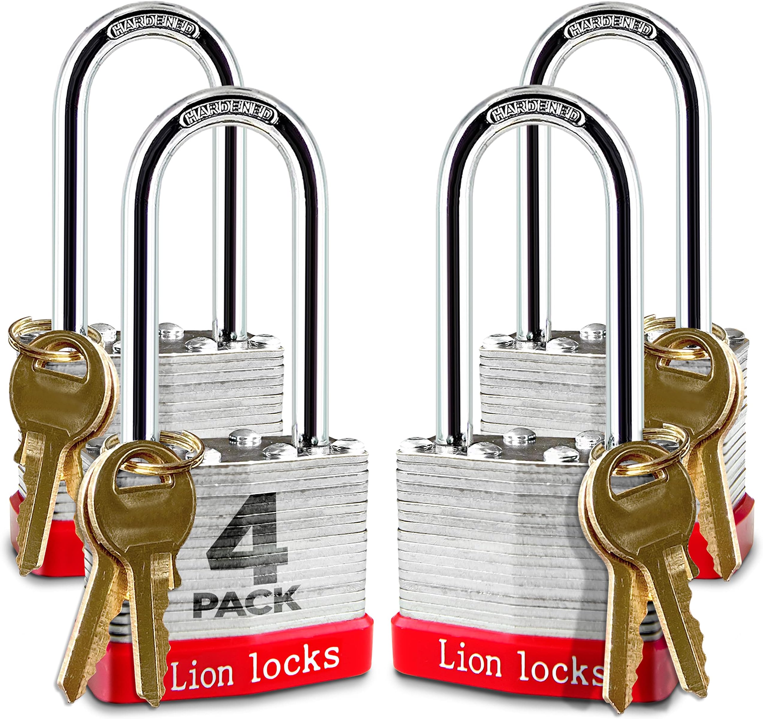Lion Locks 4 Keyed-Alike Padlocks w/ 2” Long Shackle, 8 Keys, Hardened Steel Pad Lock, Pick Resistant Brass Pin Cylinder (Pack of 4)