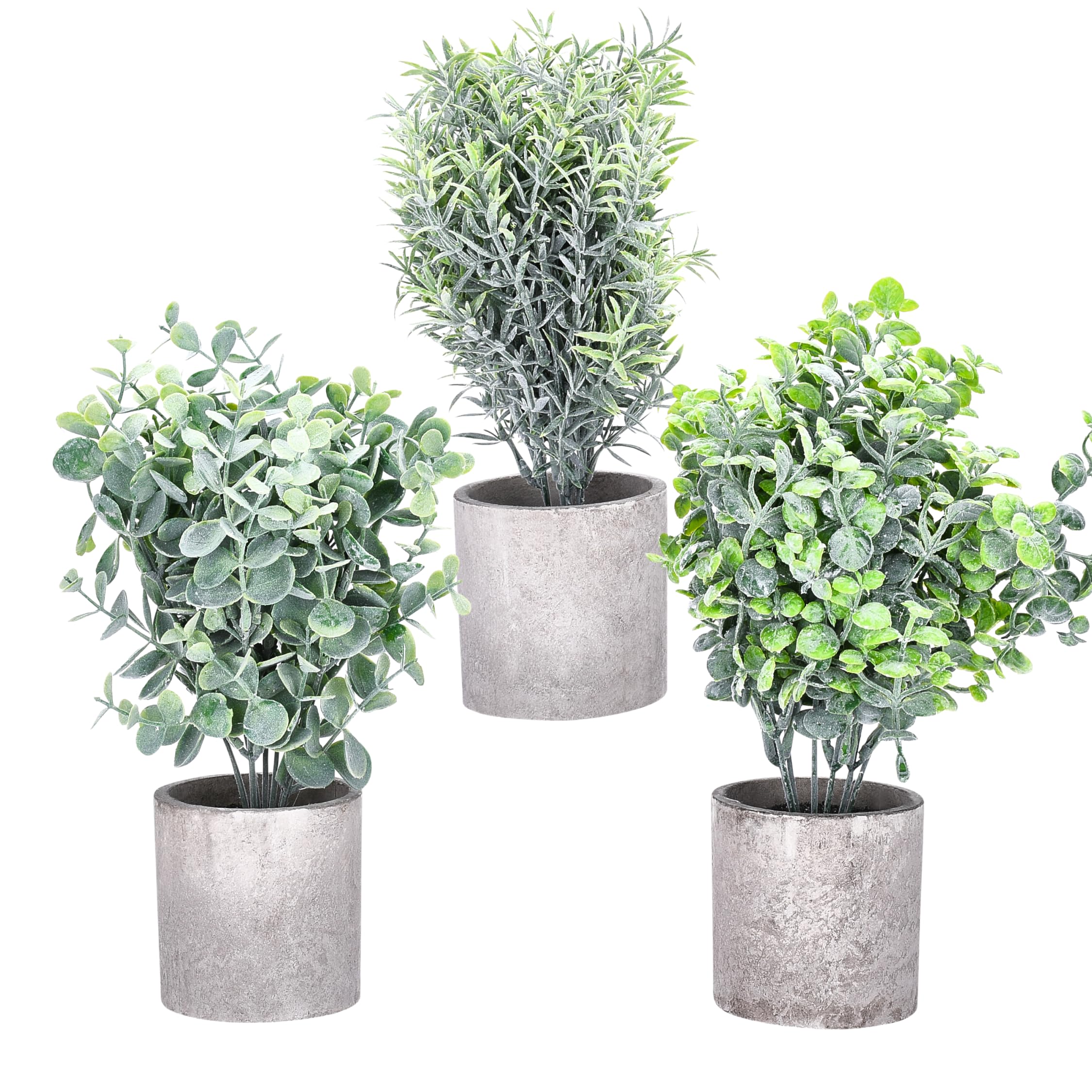 flyboldMini Fake Plants - Set of 3 Eucalyptus and Rosemary Greenery in Grey Pots - Lifelike Faux Indoor Décor for Office Desk, Living Room - Small Artificial Plants - Durable Material, (3.1x10.2 in)
