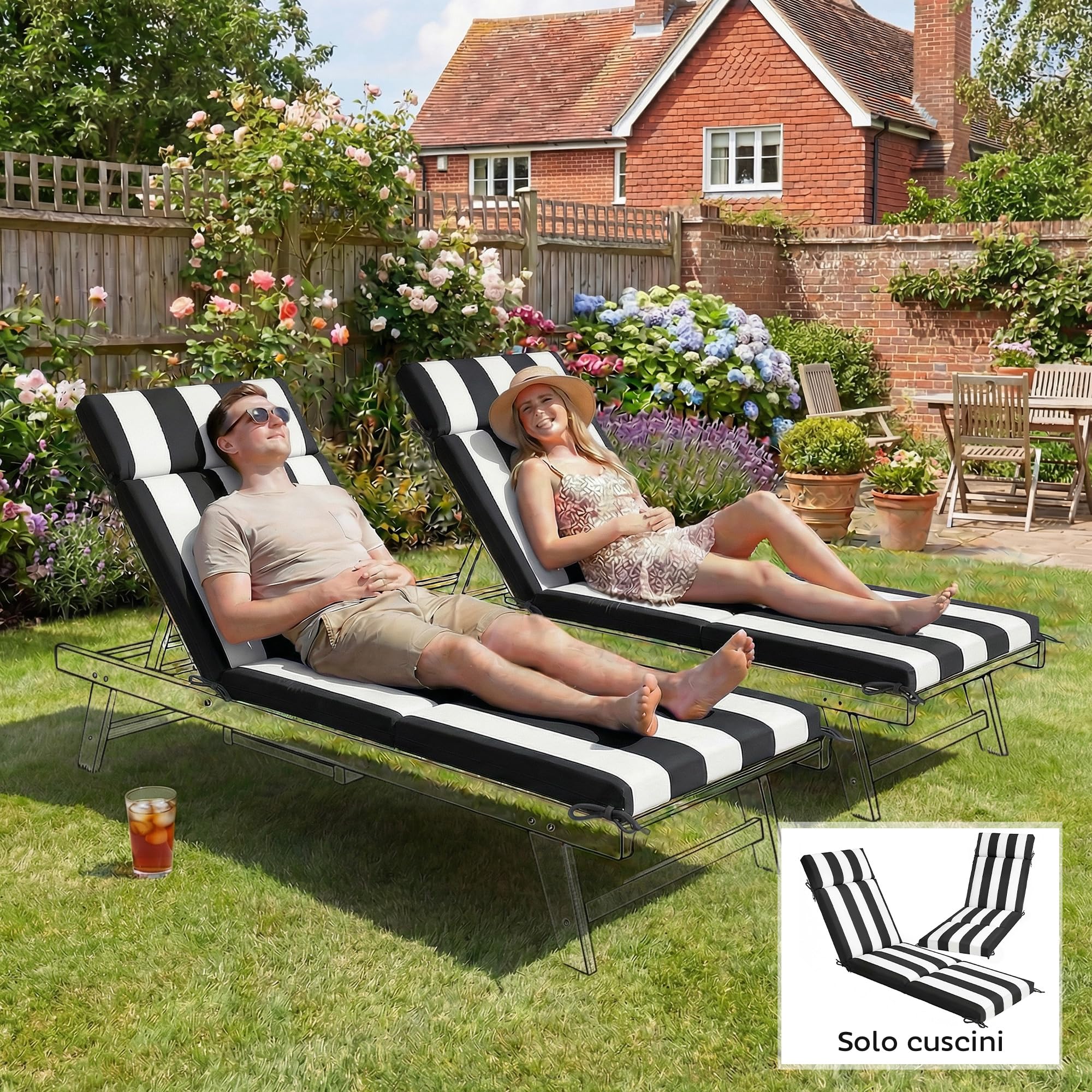 Outsunny Set 2 Cuscini per Sedie da Esterno con 6 Lacci di Fissaggio, Cuscini da Esterno Imbottito in Poliestere, per Sdraio Prendisole Giardino Patio, 183x53.5x6.5 cm, UV30+, Nero e Bianco