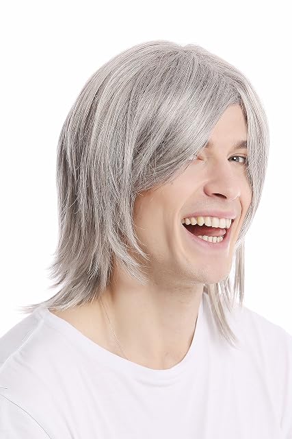 WIG ME UP- GFW892-51 Peluca hombre larga lisa raya medio Rockero mayor cool color gris-claro con negro