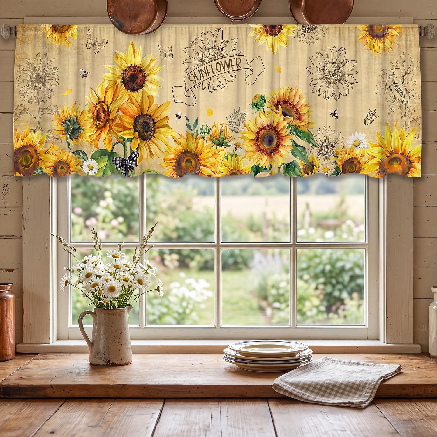 Sunflower Window Valance, Rod Pocket Sheer Short Valance with Flowers Prints, Light Filtering Hello Sunshine Curtain for Kitchen Bathroom Laundry Basement, 54Wx18L Inch