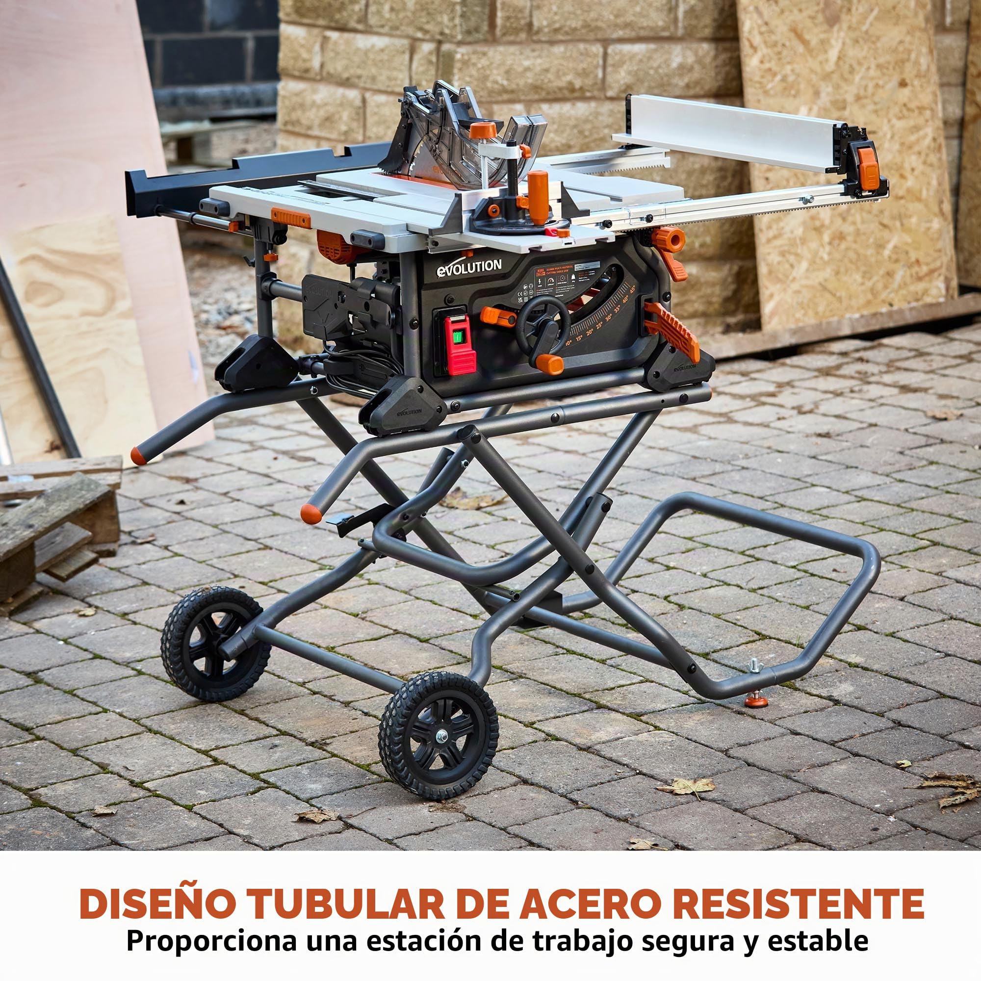 Evolution Power Tools Soporte para sierra de mesa, banco de trabajo plegable con ruedas, para R255TBL y R255TBL+, compacto, fácil de montar, ruedas grandes todo terreno