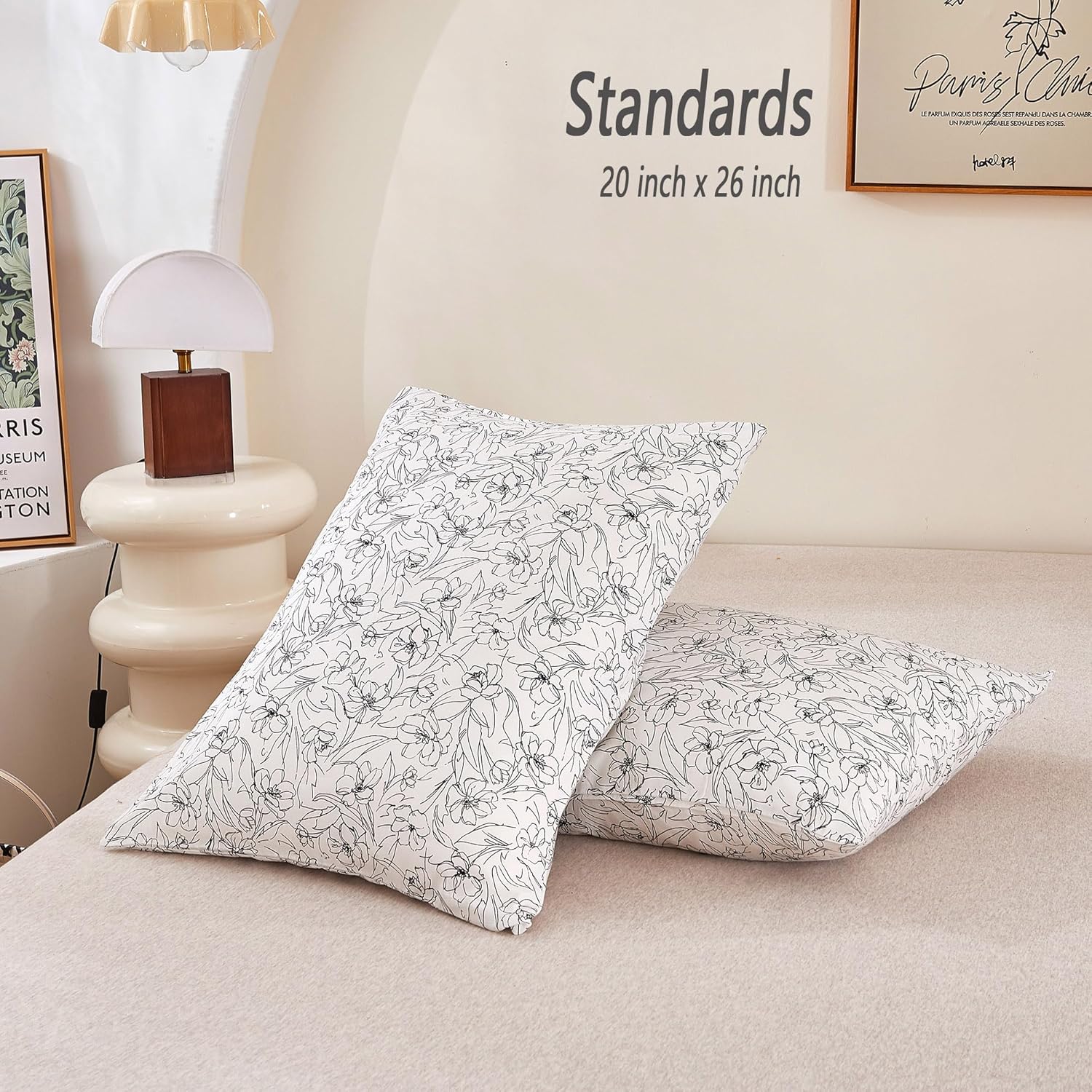 ECOCOTT 2 Pack Pillowcase Standard Size with White & Black Floral Pillow Cases Set, 100% Cotton Standard Pillow Covers Envelope Closure (Standard, 20"x26") - Image 3