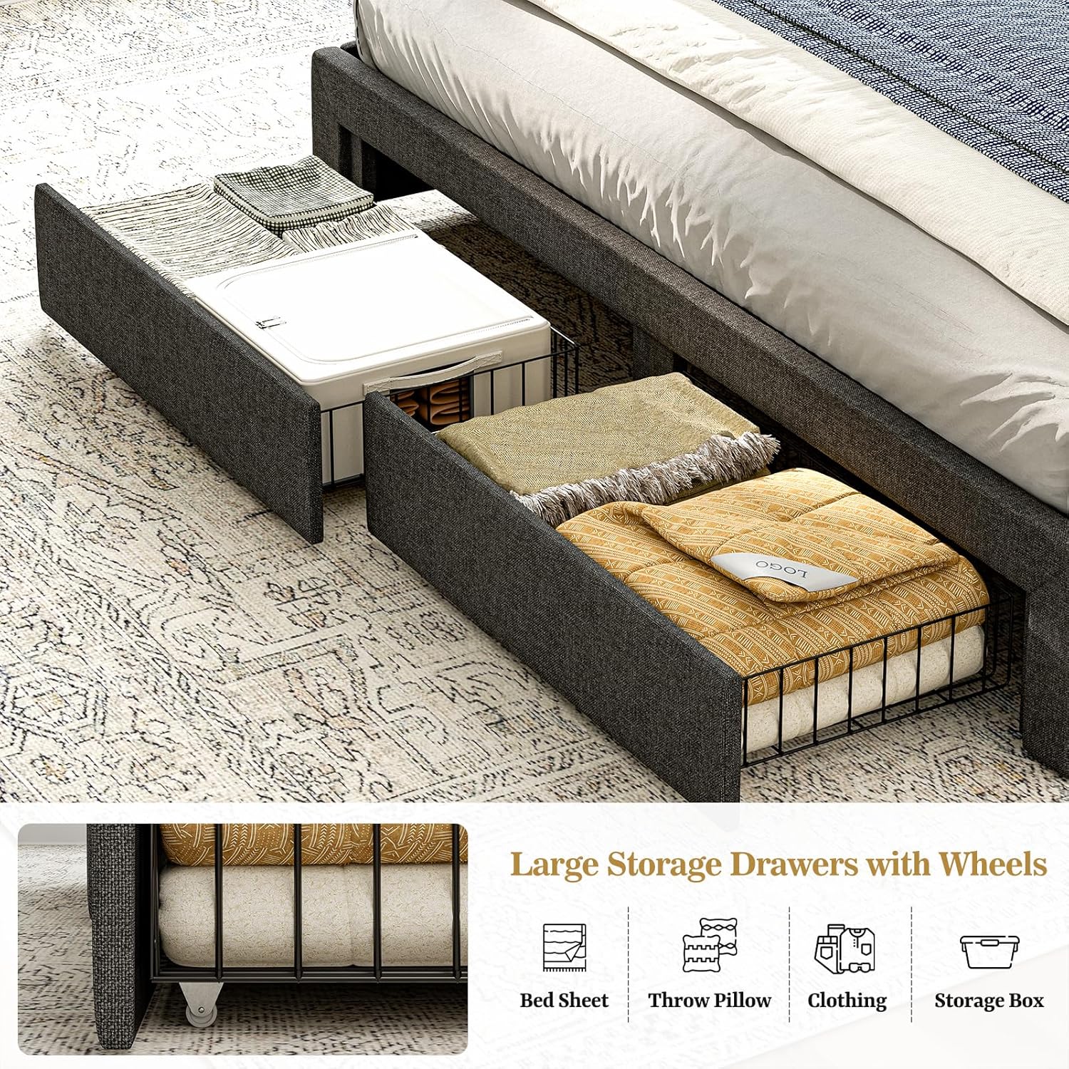 King Bed Frame with Hidden Storage Headboard & Drawers, Upholstered Platform Bed King Size with LED Lights, Type-C Charging Station, No Box Spring Needed, Solid Wood Slats, Dark Grey
