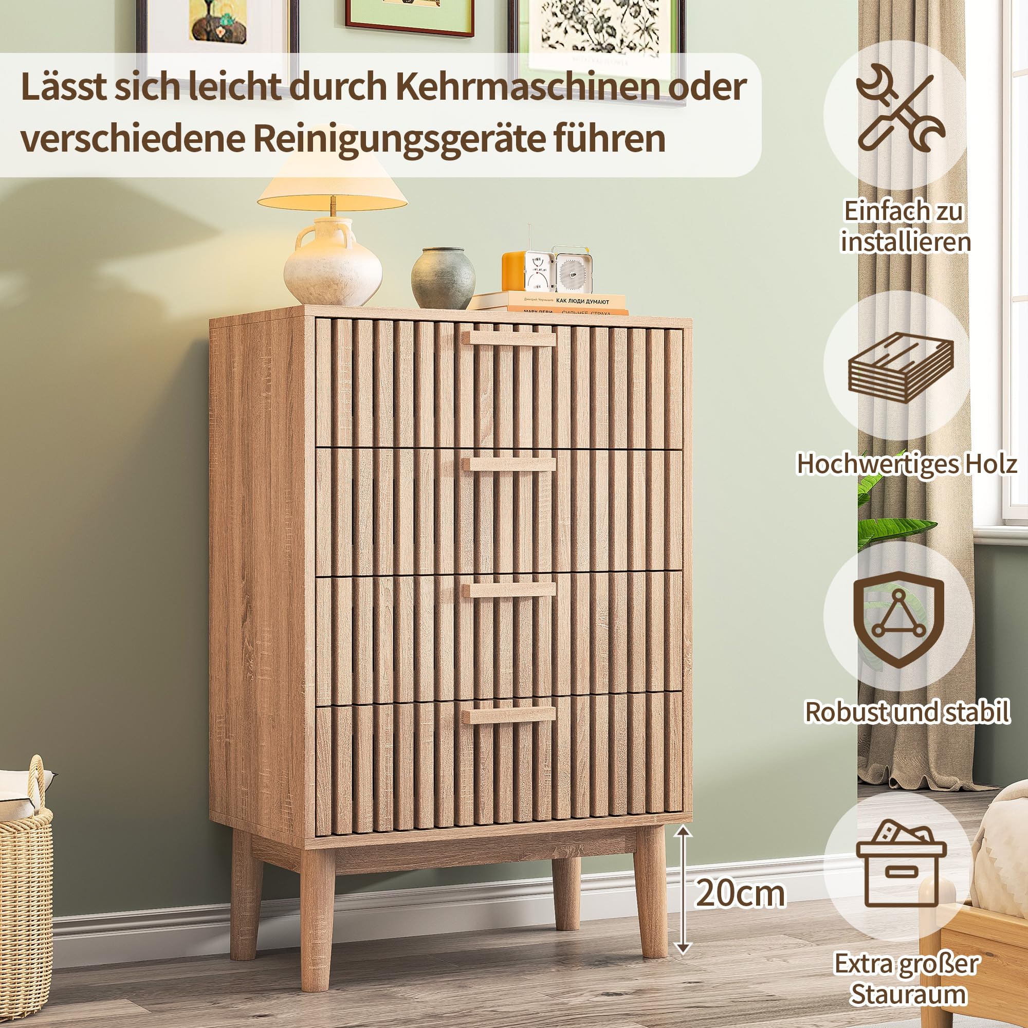 BRILVERDE Cómoda con 4 cajones, mesita de noche con cajón y estante abierto, mesa auxiliar de madera, armario para dormitorio, pasillo, salón, 60 x 34 x 91 cm (color madera natural-2)