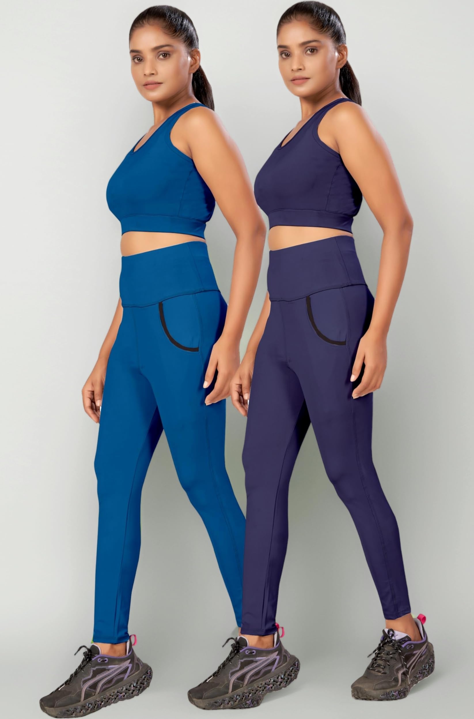 Women’s Polyester Blend Tracksuit Top and Bottom Set with Solid Pattern Stretchable High Waist Leggings Sleeveless Round Neck and Standard Length | Workout Pants for Yoga | Pack of 2