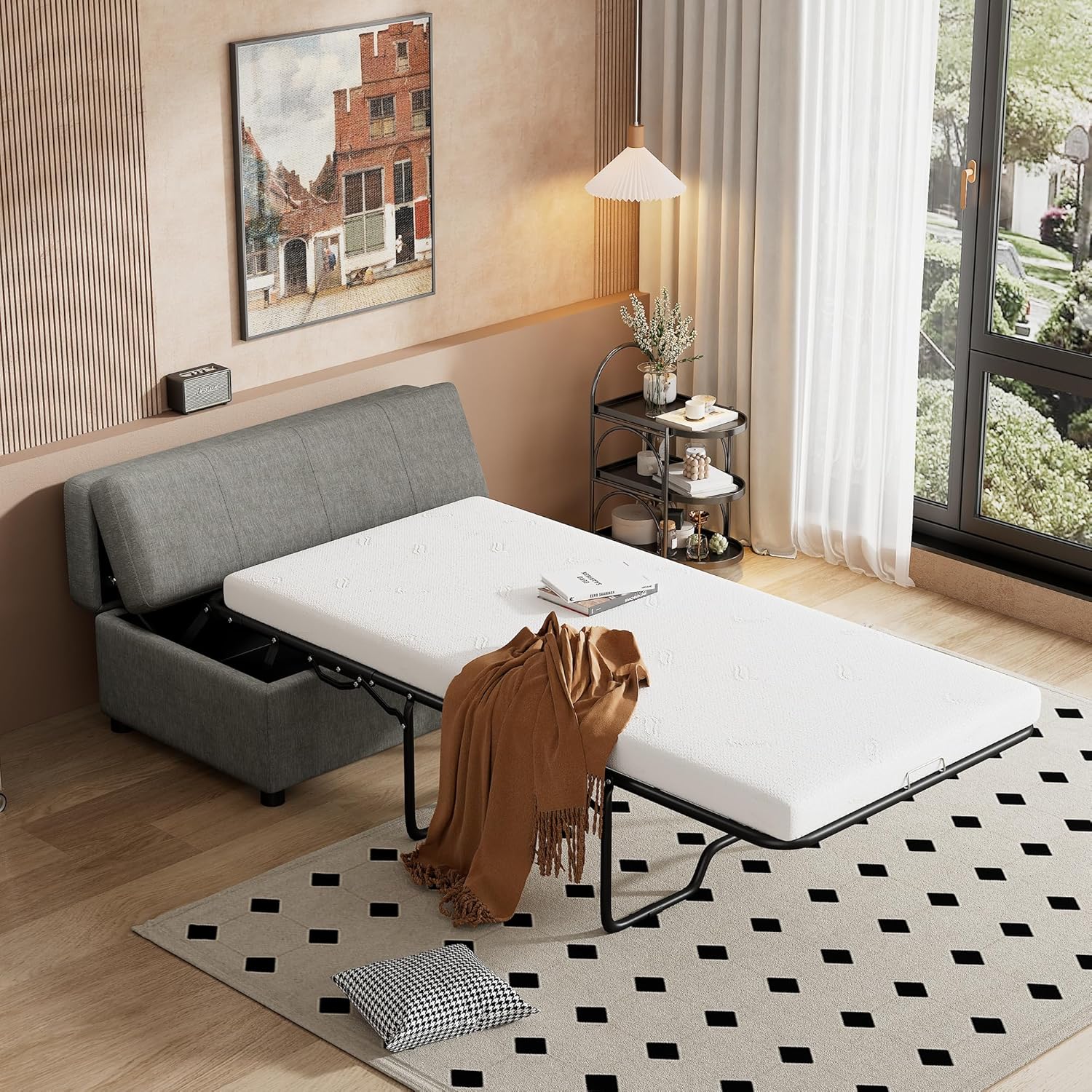 P PURLOVE Twin Size Folding Ottoman Sleeper Bed with Mattress, Fold Out Sleeper Sofa Bed,Convertible Ottoman into Sofa for Living Room,Small Apartment