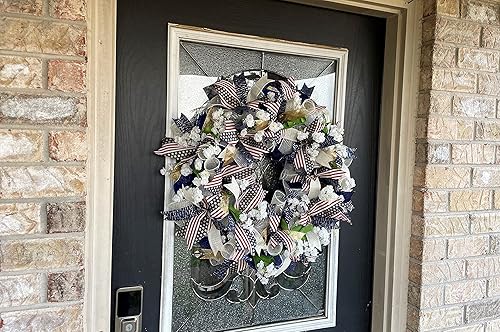 Miniatura 6 de Beautiful Patriotic Navy Blue Gold Cream 4th of July Floral Americana Style Front Door Deco Mesh Wreath, Memorial Day Everyday Decor, Home Porch