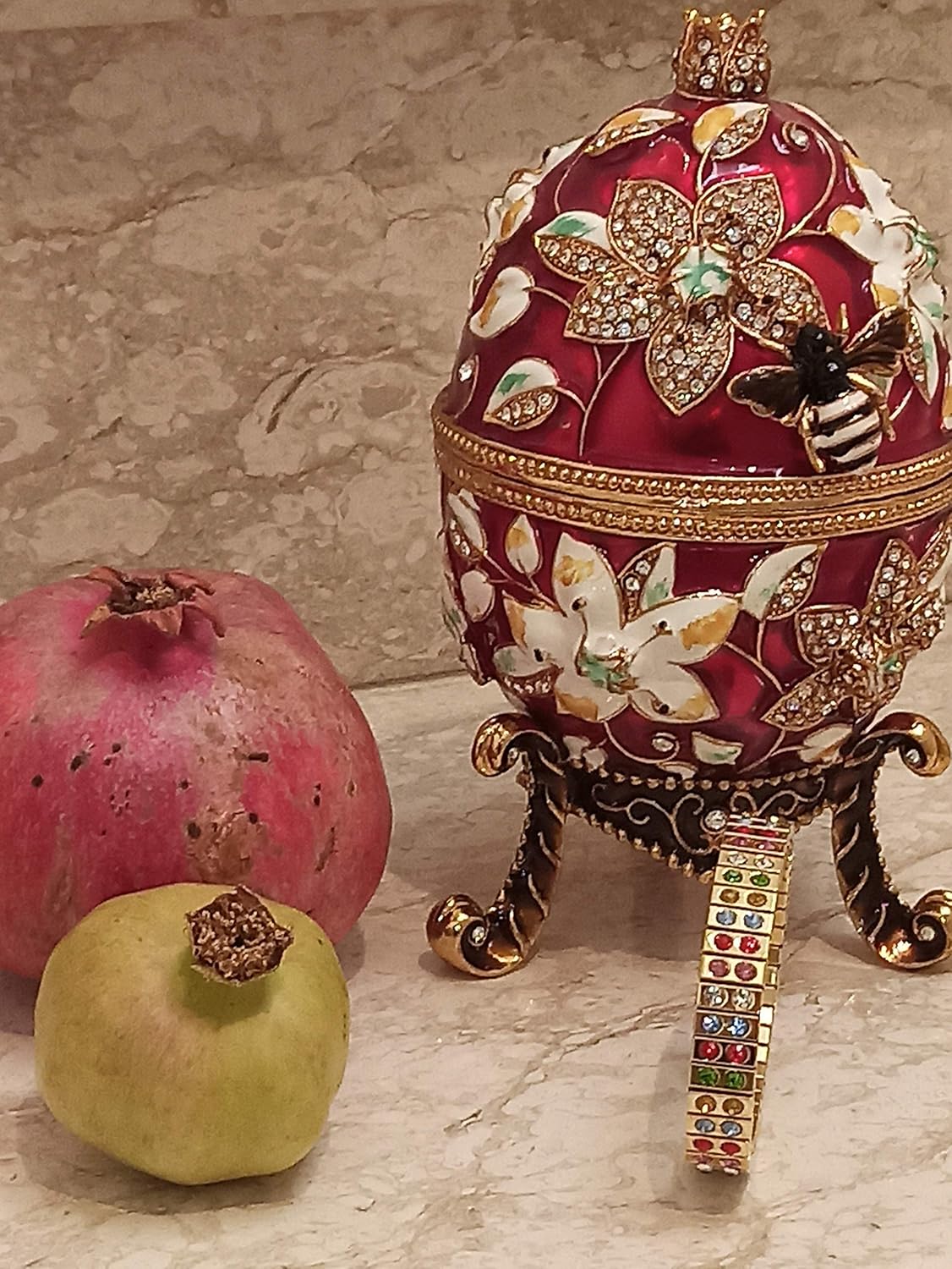 Red Faberge egg Pomegranate Jewelry Box and matching bracelet 24kGOLD HANDMADE Good luck Going Away Gifts for women Girlfriends Woman's Day gift Sister Trinket box 450 Austrian Crystal Handset gift