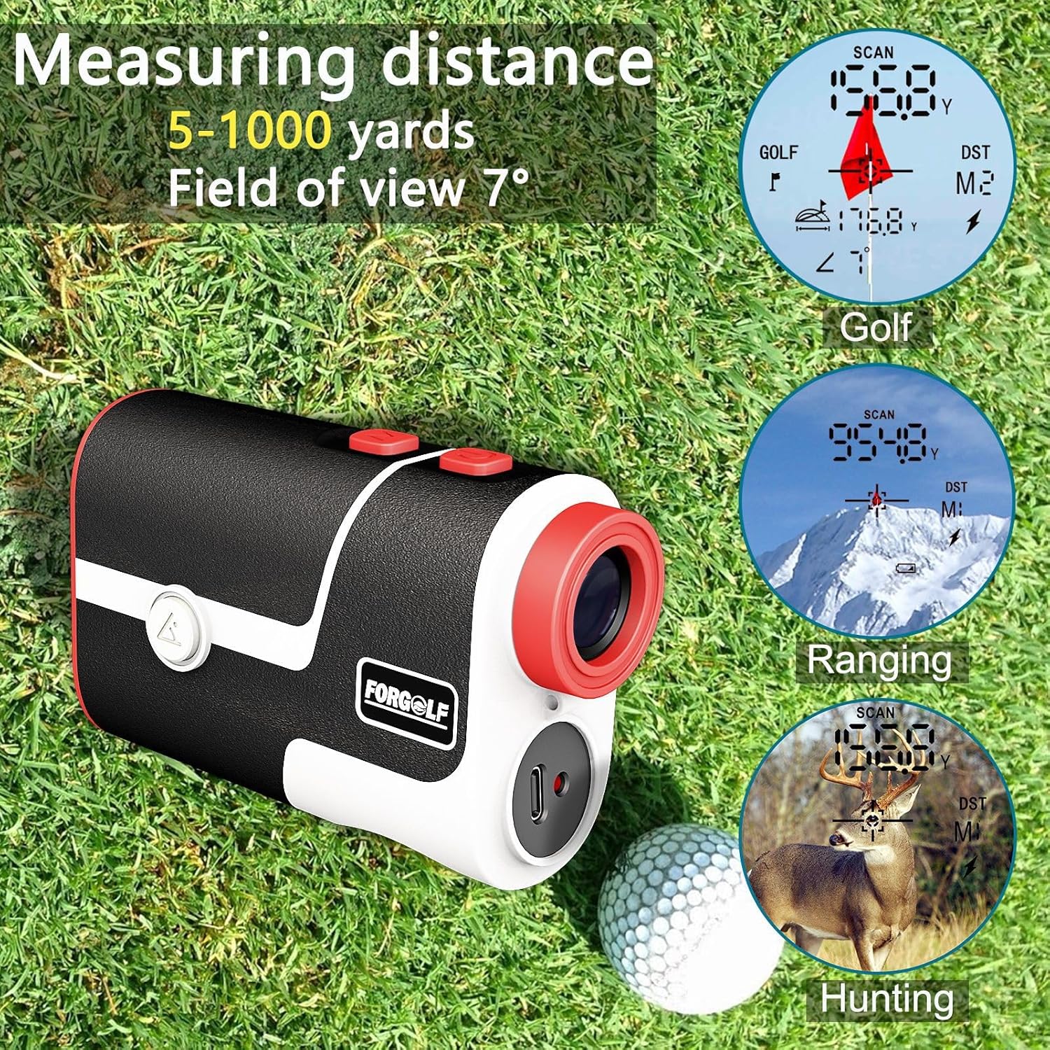 Golf Laser rangefinder with Slope Compensation, 1200y flagpole Locking, Vibration, Magnetic Charging