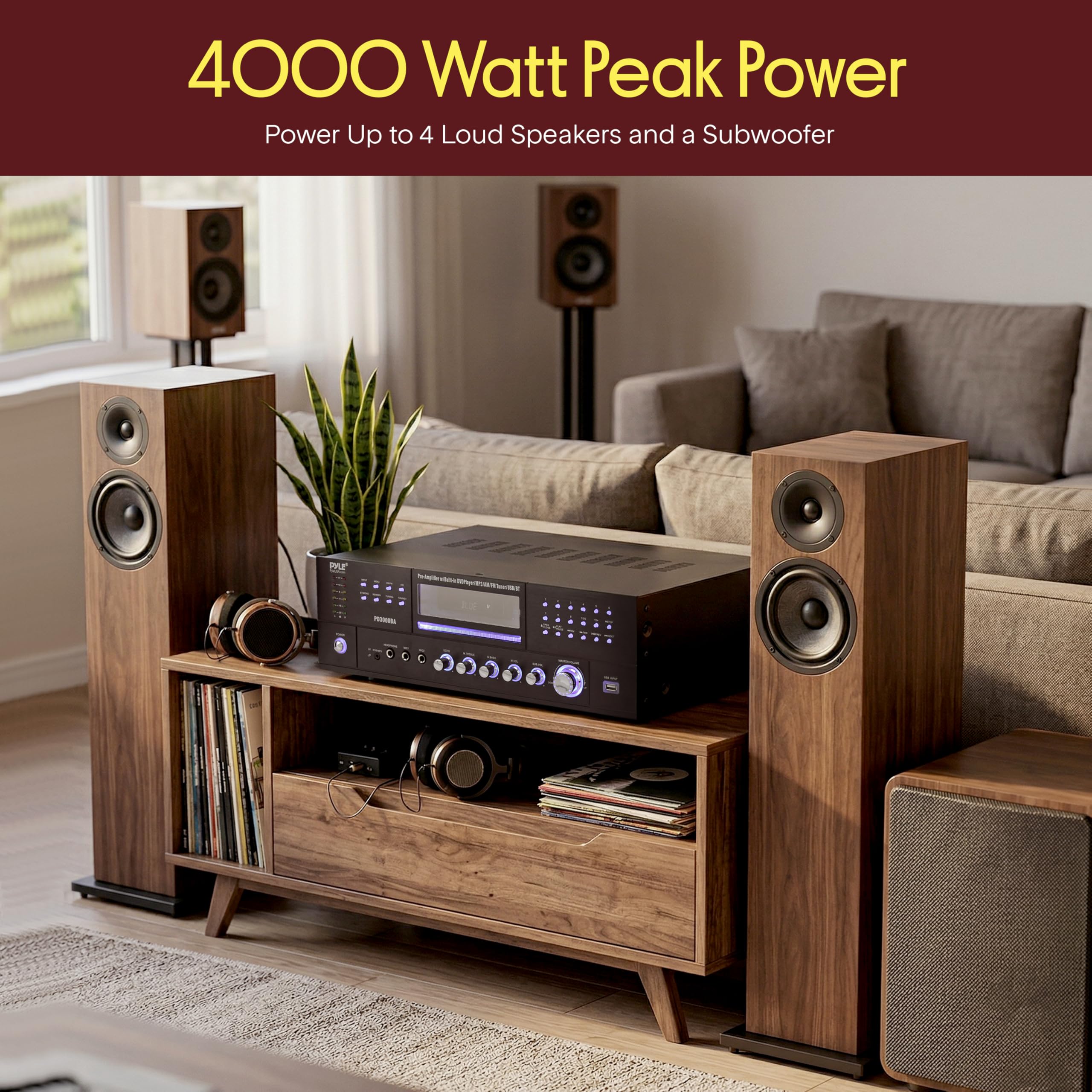 Pyle 4 Channel Bluetooth Home Amplifier - Front Loading DVD/CD Player - 3000W Peak Stereo Receiver - 2 Mic Inputs w/ Echo, FM Radio,Optical In,USB,RCA,Composite, LED Level Meter, Rack Mount - PD3000BA — Amazon image 6