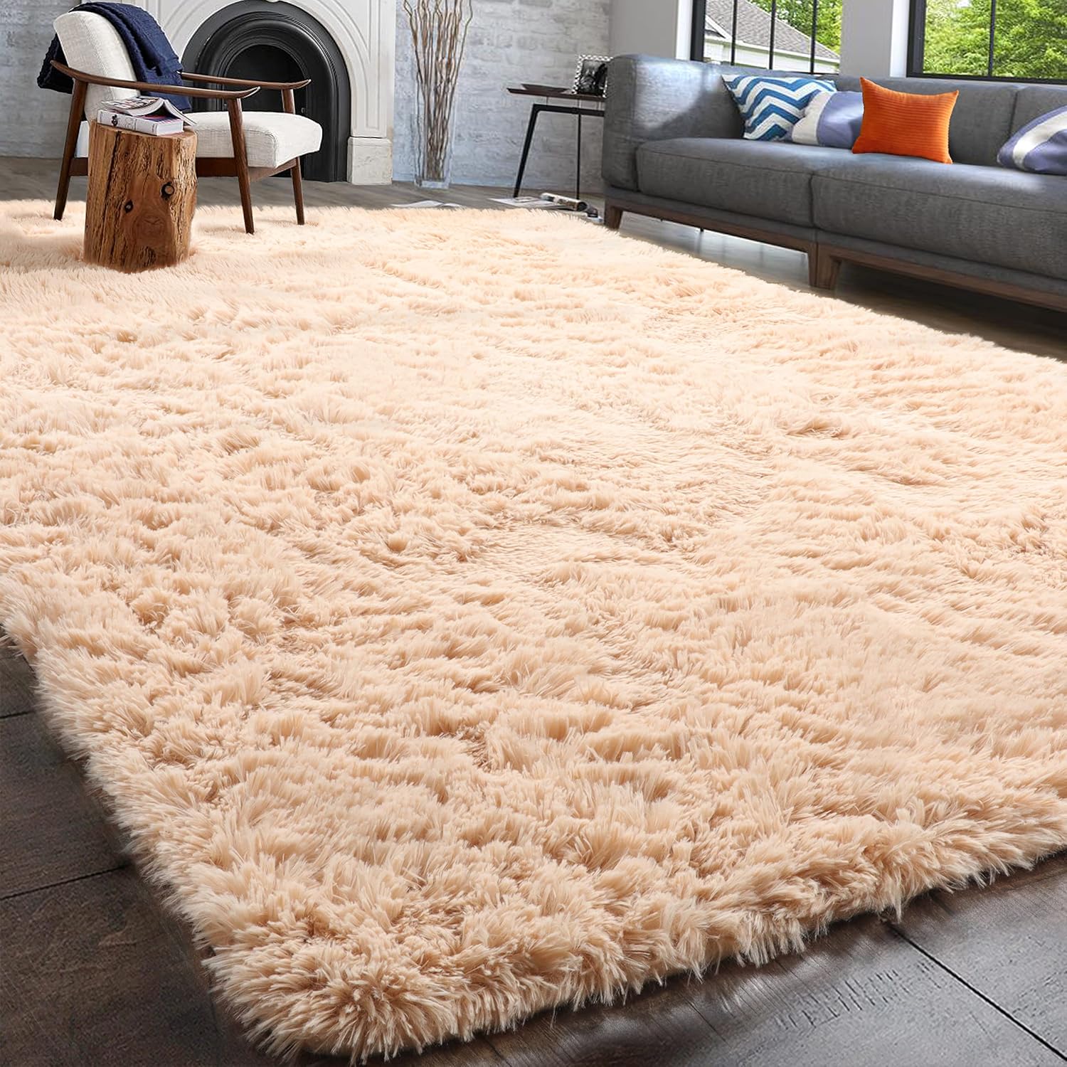 PAGISOFE Fluffy Shag Area Rugs for Bedroom 5x7, Soft Fuzzy Shaggy Rugs for Living Room Carpet Nursery Floor Girls Dorm Room Rug, Light Tan