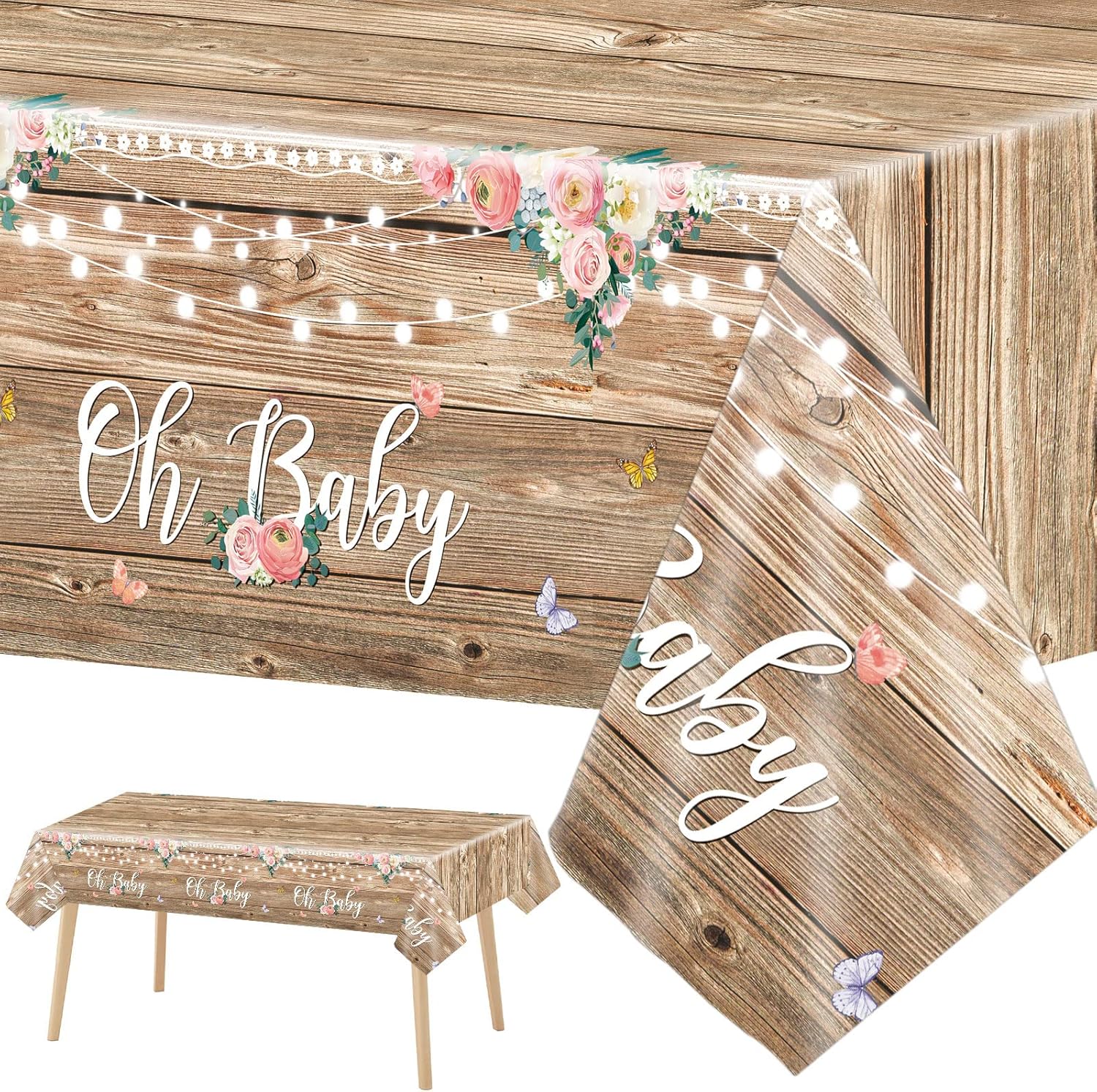 3 Pieces Wood Baby Shower Tablecloth Oh Baby Lace Rustic