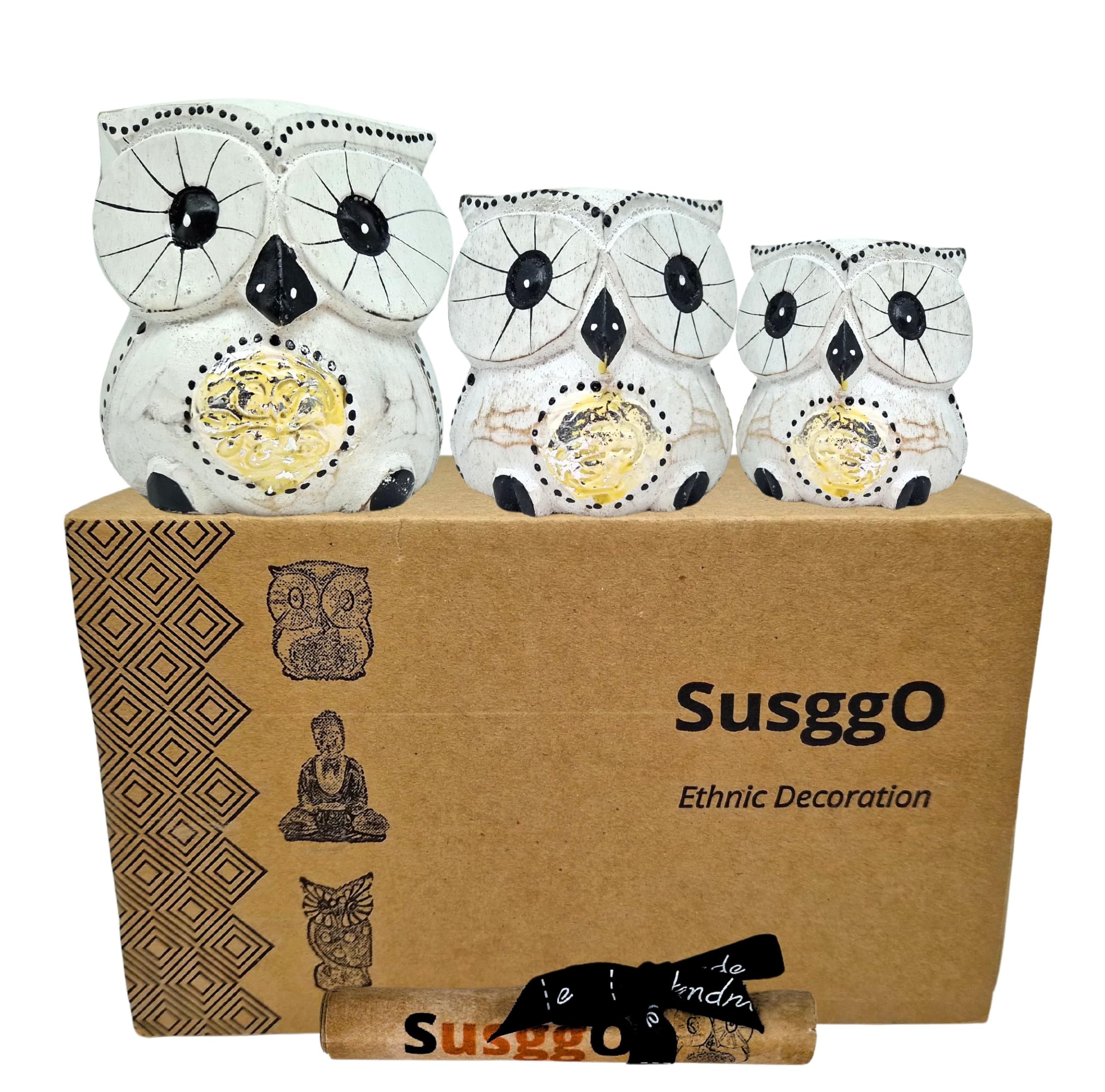 SusggO Set de 3 Buhos Decorativos de Madera, Decoracion, Tallado a Mano, Buho de la Suerte, Idea Artesania Adorno Mueble (Blanco Detalles Plateados)