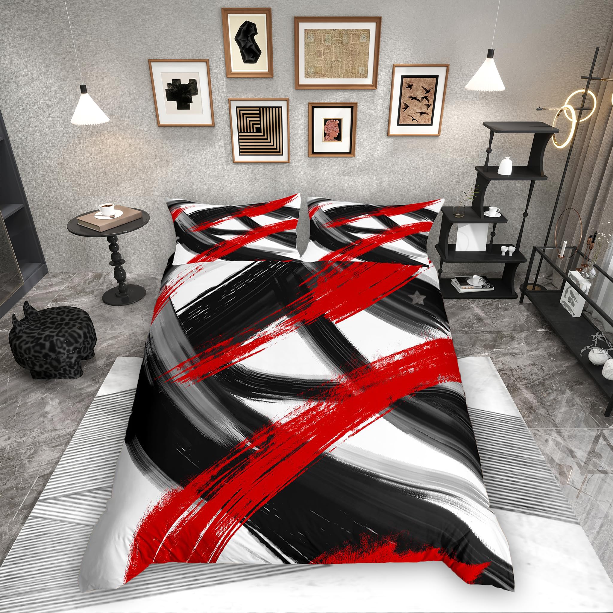 Homemissing schwarz rot Bettwäsche Set 135x200cm abstrakte geometrische Bettbezug für Jungen mädchen Moderne minimalistische Bettwäsche-Set atmungsaktive weiche mikrofaser alle Saison (Keine füllung)
