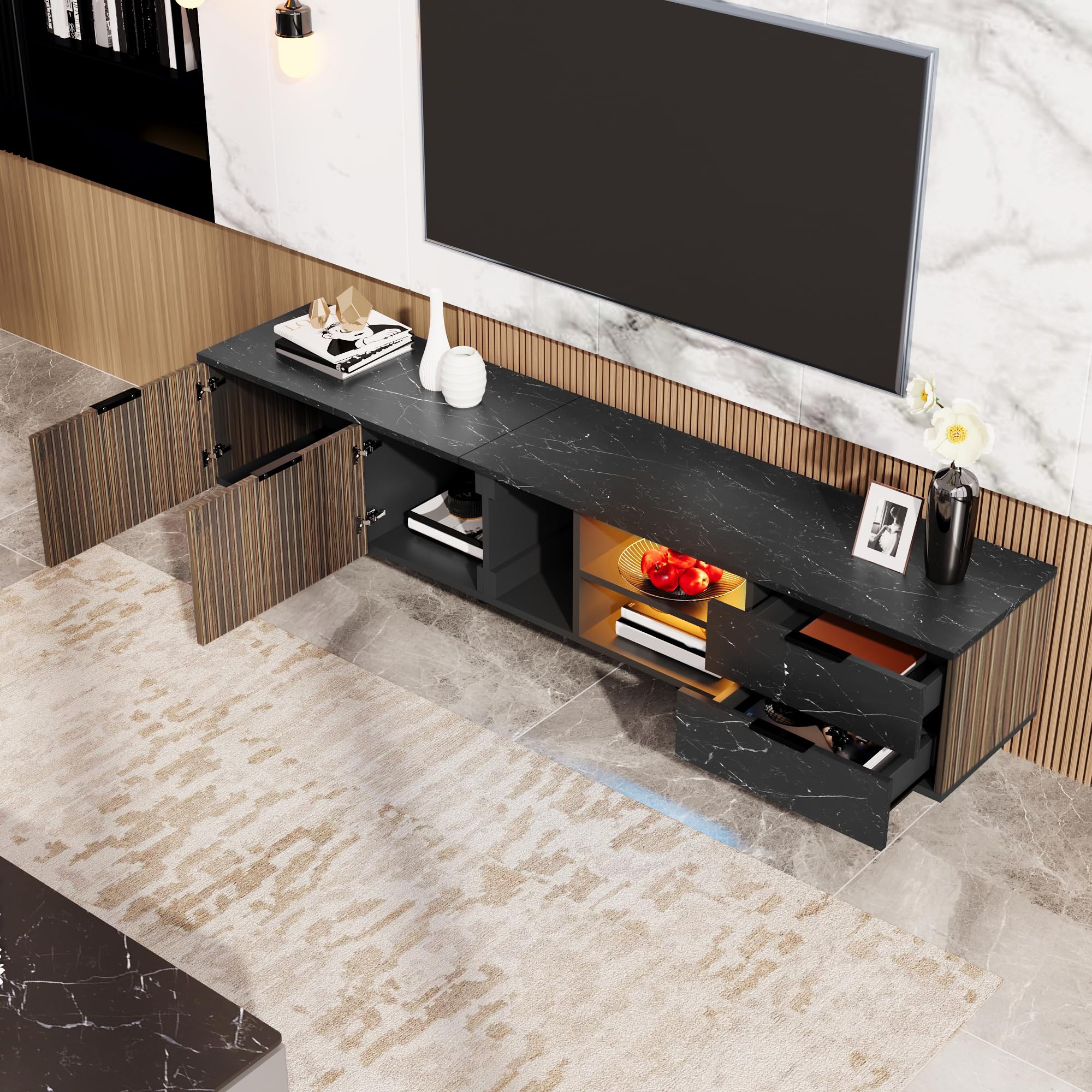 Mobile TV da 200 cm con effetto marmo nero e ante in venatura di legno, illuminazione a LED, due ante, due cassetti, ampio spazio di archiviazione, ideale per soggiorno e arredamento moderno