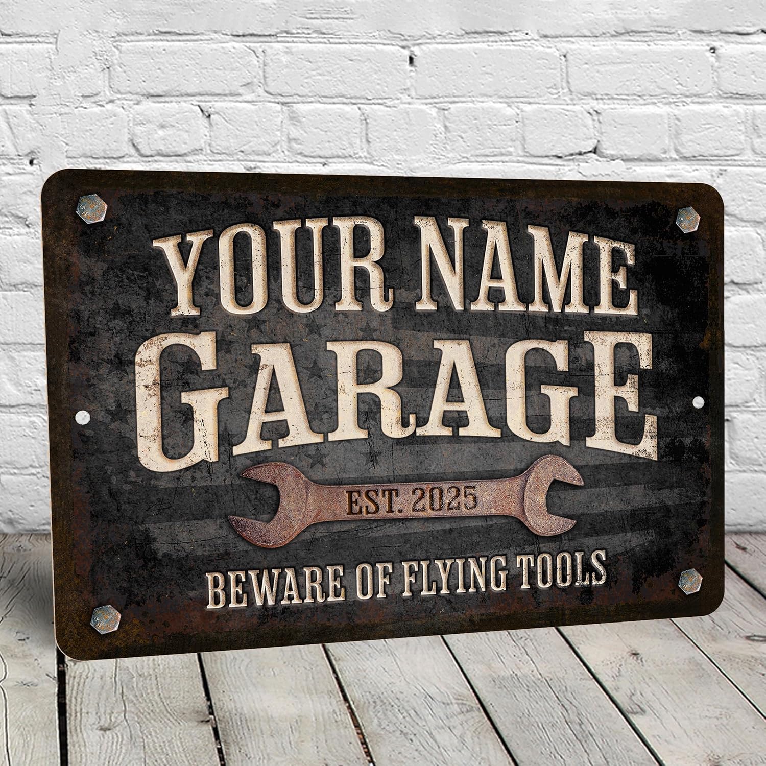 Personalized Garage Metal Sign, Custom Name and Est. Date, Retro Aluminum Wall Decor, (12 x 18 Inches)
