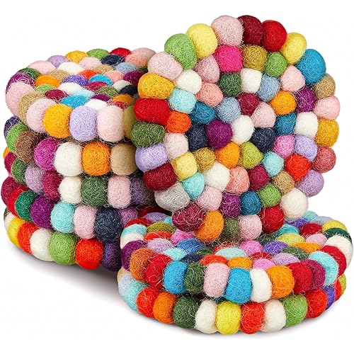 Tessco for you 8 Pcs Round Felt Ball Coasters Cute Table Coasters Wool Absorbent Handmade Felt White & Colorful Christmas Coaster for Drinks Office Home Bar Decor (Rainbow)