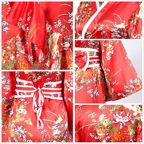 Miniatura 5 de Bata tipo kimono para mujer, Geisha Yukata, dulce esmoquin con volantes, vestido de satén con flores, ropa de dormir, conjunto de calcetines Tabi