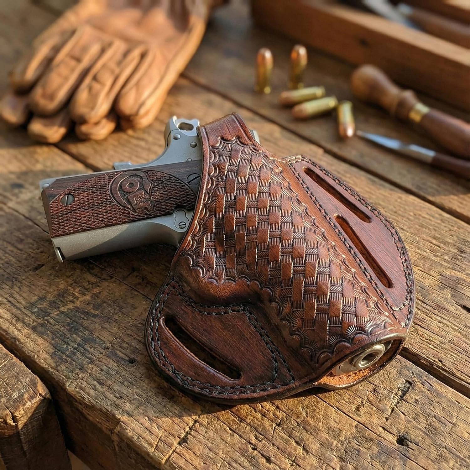 Leather Holster Fits Most 1911 Gun Style, Models with 4.25", and 5" Barrels, Handmade Basket Weave, 3 Slot Style Right Hand, Thumb Break - ShnLeather
