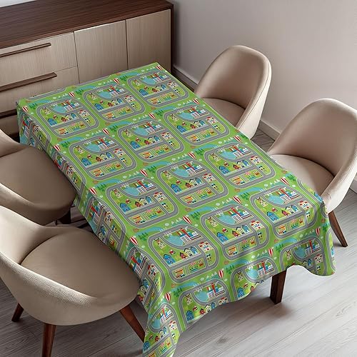 Ambesonne - Mantel de pista de carreras para coche, diseño de ciudad soleada, ilustración de paisaje con fábrica de granja, rectangular para