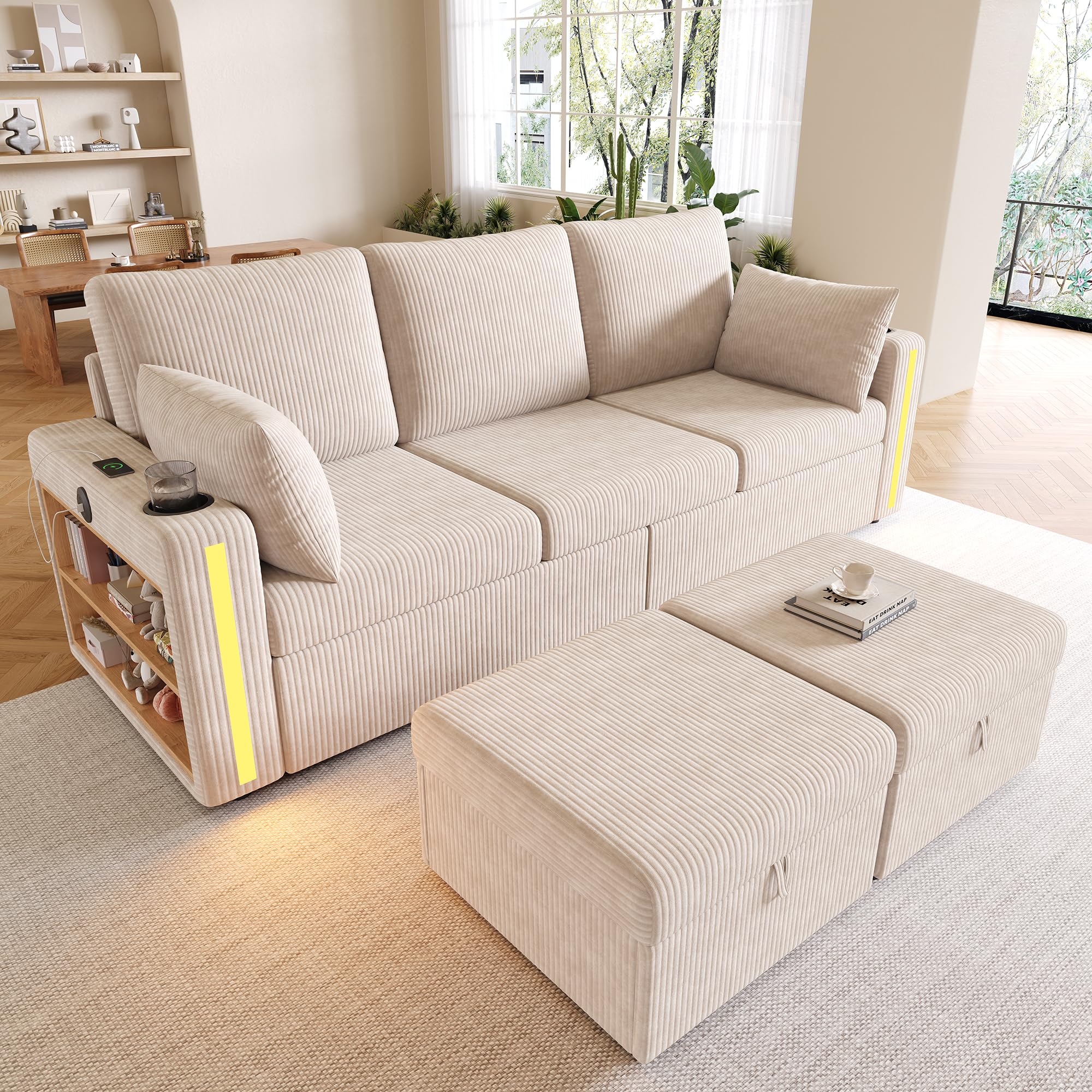 Canapé d'angle Convertible, Canapé Modulable 3 Places avec 2 Poufs de Rangement et Éclairage LED, Canapé en U avec Ports USB/Type-C et Porte-Gobelets, Velours Côtelé, pour Salon, 190x130x85 cm, Beige