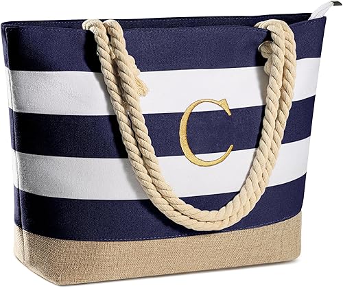 YOOLIFE Bolsa de lona impermeable con inicial, con cremallera, regalos personalizados para mujeres, cumpleaños, viajes, playa, esencial