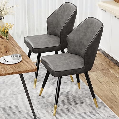 Miniatura 1 de Juego de 2 sillas de comedor de piel sintética, color marrón, modernas de mediados de siglo, sillas laterales tapizadas sin brazos con patas de metal