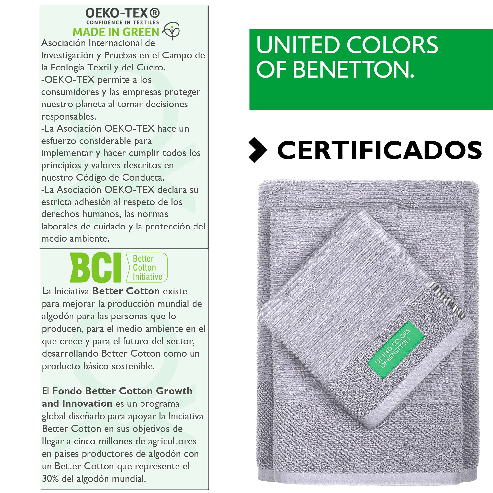 United Colors of Benetton. 3-teiliges Badetuch-Set (30 x 50 + 50 x 90 + 70 x 140 cm), 450 g/m², 100% Baumwolle, Grau Casa (BE023)