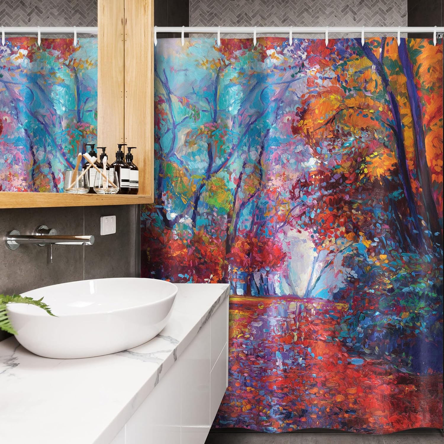 Ambesonne Country Stall Shower Curtain, Colorful Paint of Park in Fall View of The Earth in Oil Painting Style Print, Fabric Bathroom Decor Set with Hooks, 54" W x 78" L, Burnt Orange Dark Coral