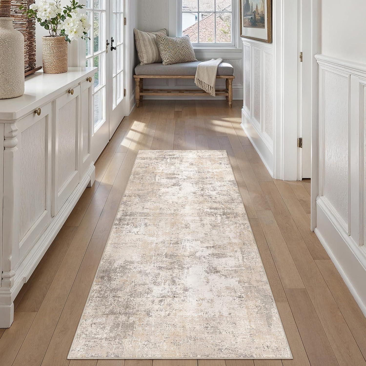 2x6 Washable Runner Rug Beige Grey Abstract Non Slip Soft Low Pile Hallway Kitchen Rug Neutral Modern Carpet for Laundry Bathroom Bedroom Living Room Home Decor