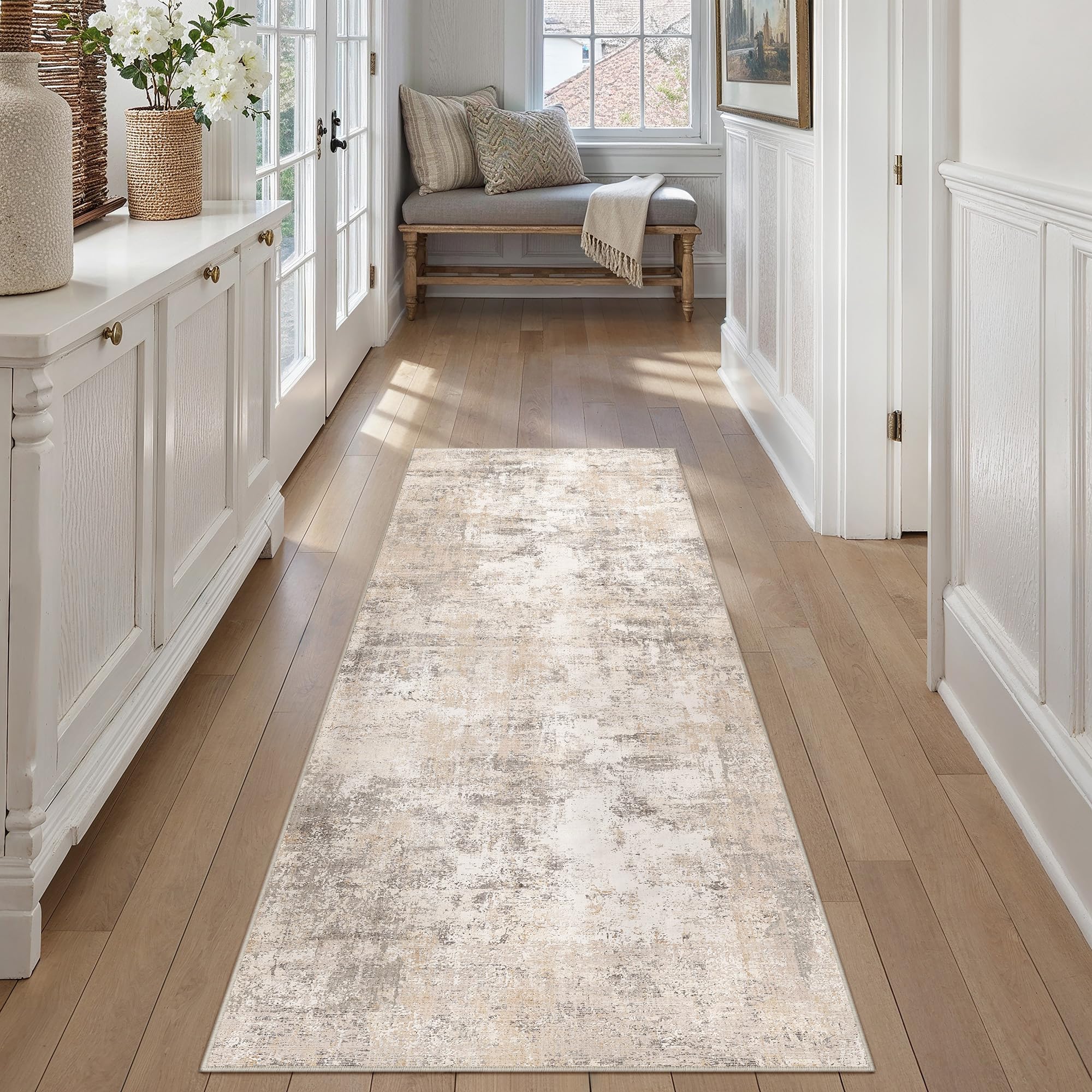 WondRg 2x6 Washable Runner Rug Beige Grey Abstract Hallway Kitchen Throw Rug Neutral Modern Non Slip Soft Low Pile Carpet for Bathroom Laundry Bedroom