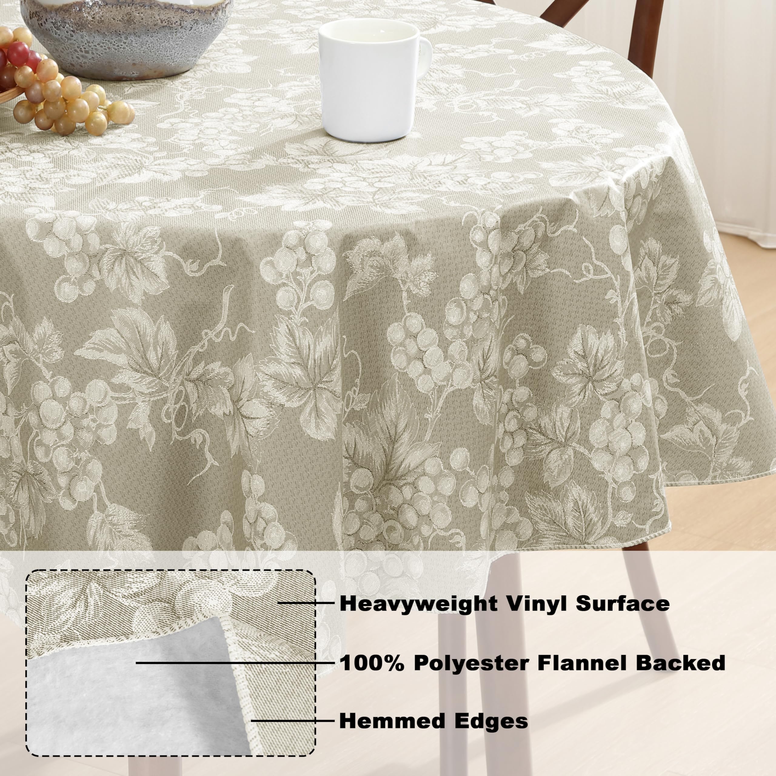 Lintex Grapevines współczesny nadruk winogronowy ciężki 4-metrowy winylowy flanelowy obrus z tłem, do wewnątrz/na zewnątrz, zmywalny, 152 cm x 213 cm, owalny, kość słoniowa