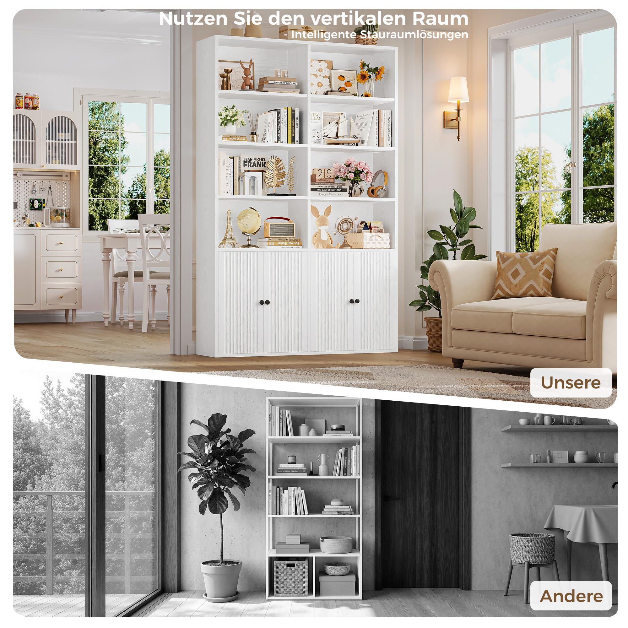 IRONCK Bücherregal mit Türen, Regal Holz mit 6 Ebenen 12 Fächern, Bücherschrank Hochschrank Vitrinenschrank, Einstellbare Regalböden, Standregal für Wohnzimmer Büro Schlafzimmer 108×30×180cm (Weiß)