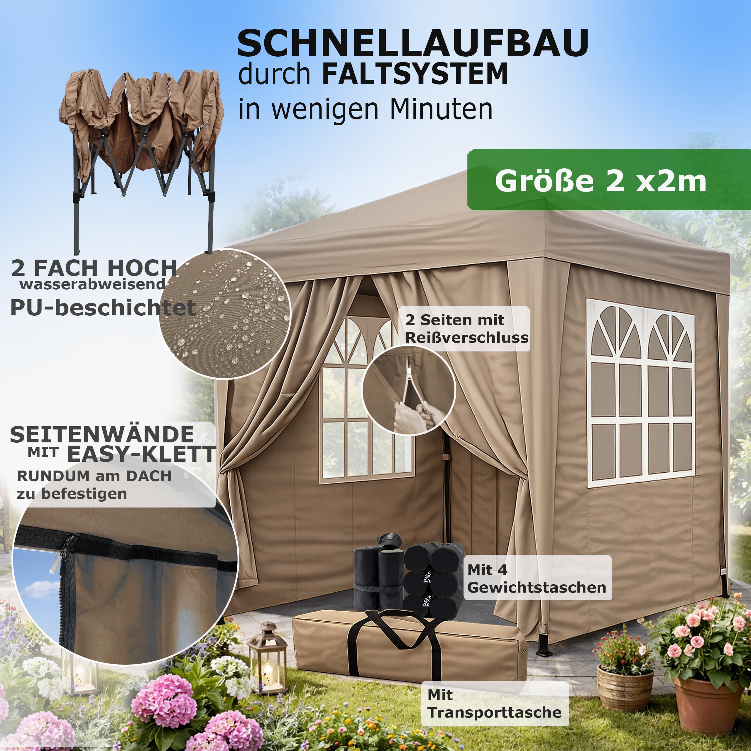 QUICK STAR Pawilon pop-up 2 x 2 m be?owy z obci??nikiem nóg i 4 ?cianami bocznymi Easy-Krzep, z 2 zamkami b?yskawicznymi
