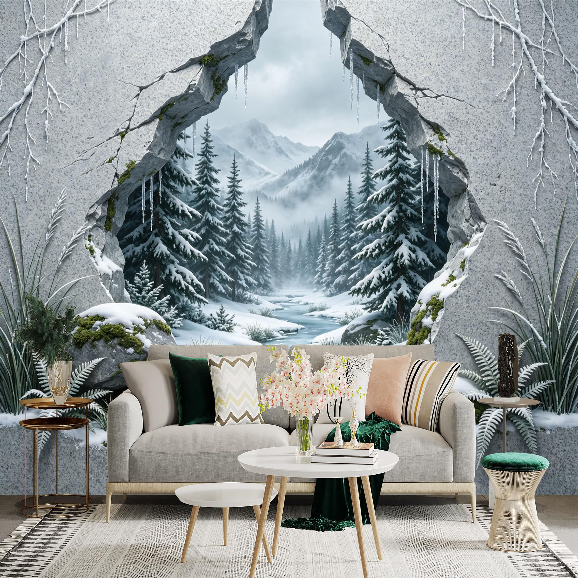 Custom Size Wall Sticker Mural， Snowy Mountain Forest with River and Winter Landscape， for wall Decoration， peelandstick wall Decals.