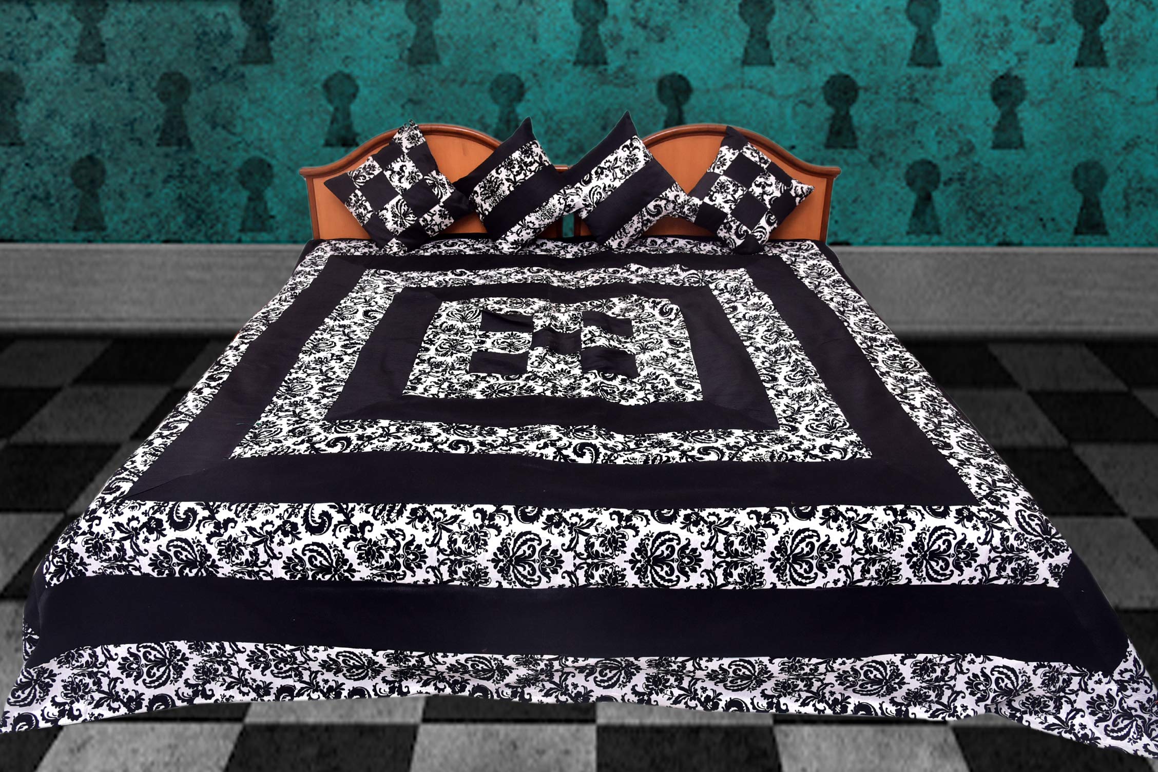 House Of Silko Black Banarasi Trendy Designer Velvet Embossed Patchwork Double bedcover Set with 4 Cushions-image-20