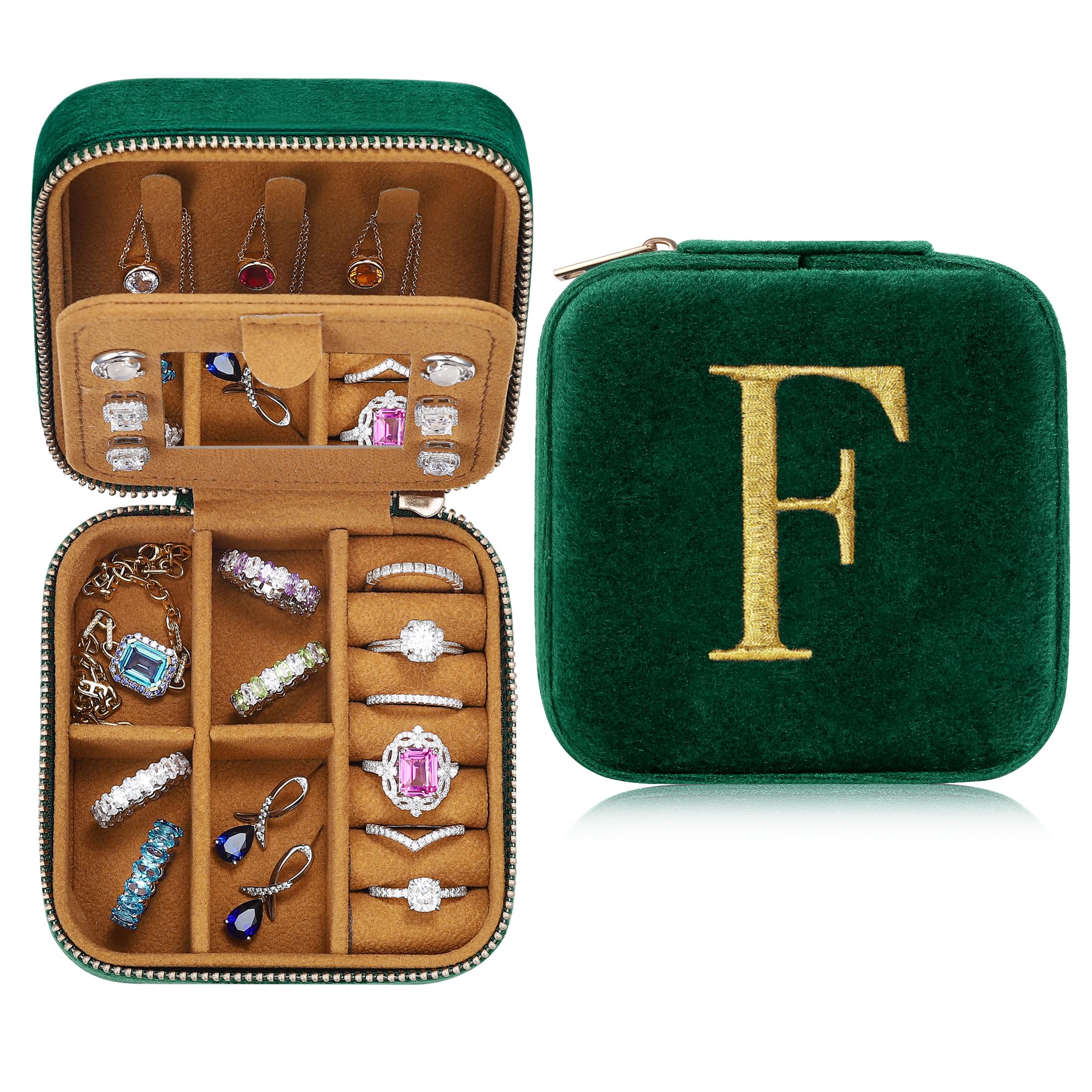 Parima Boss Gifts for Women - Boss Day & Birthday Gifts, Personalized Velvet Emerald-Green Jewelry Box - Travel Case - Letter F, Green