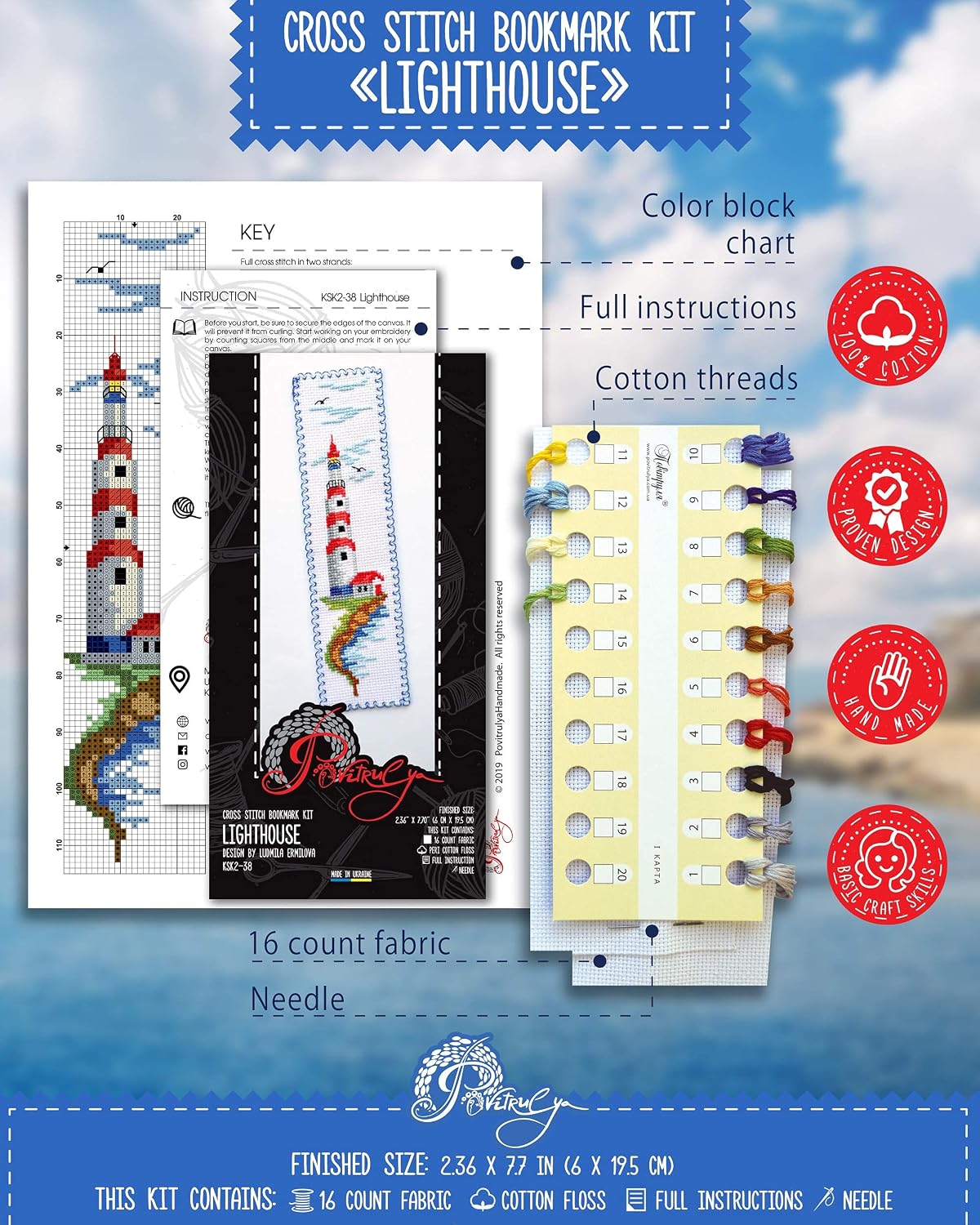 Counted Cross Stitch Bookmarks - Seaside, Coastal Wood Signs, Beach and Lighthouse Embroidery Sets with Paper Patterns, Aida 16 Count Cloth and Pre-Sorted Floss