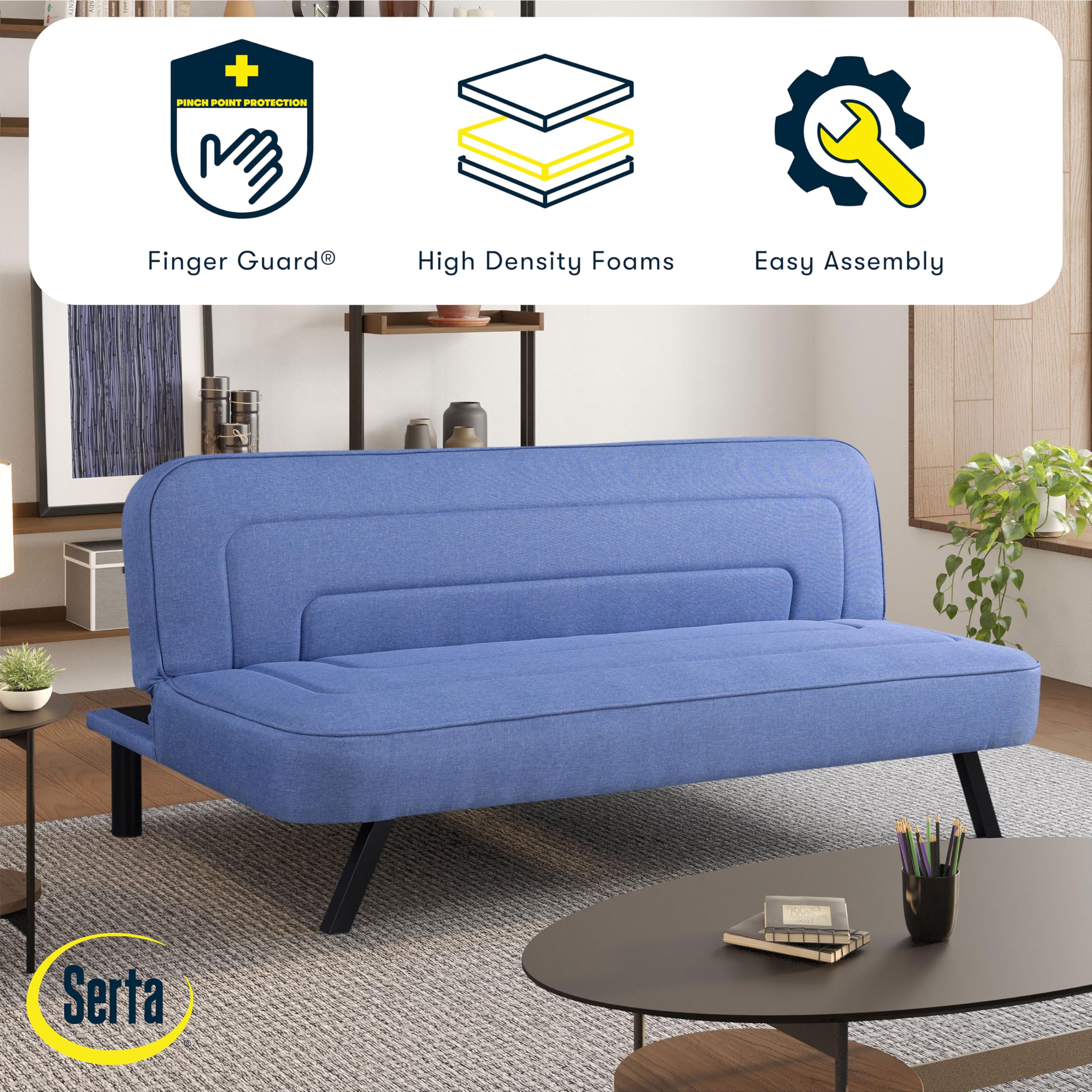 Serta Fairwood 66.1" Convertible Futon Sofa, Short Twin Size, Modern Boho, Dream Coil Comfort, Fingerguard Pinch Point Protection, Soft Woven Polyester Fabric, Blue