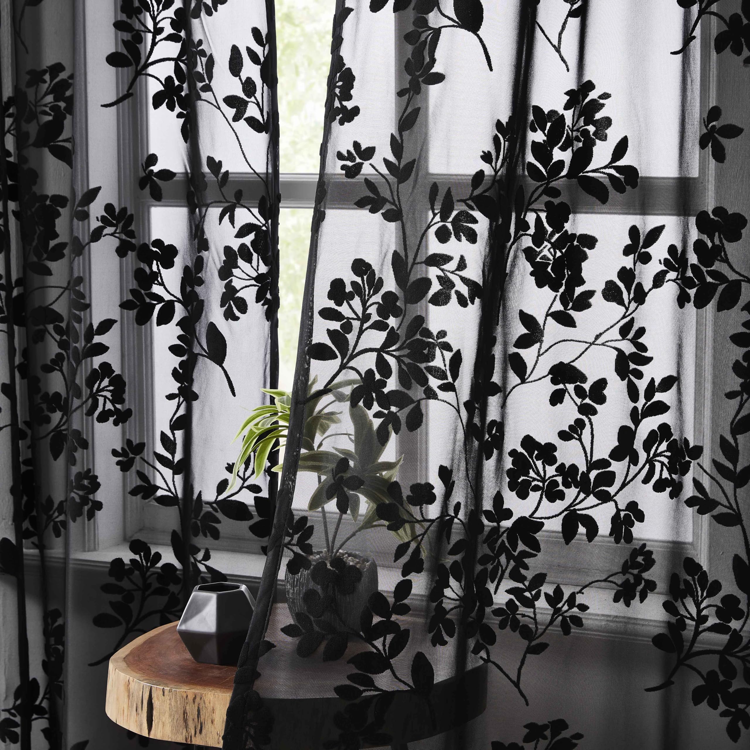 Abstractex Black Lace Net Floral and Branch Sheer Drape,54",Panels,Bedroom โ image 1