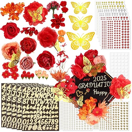 Draupnir Graduation Cap Decorations DIY Grad Cap Decoration, Graduation Cap Accessory Set Included Faux Flowers 3D Butterfly Stickers Rhinestones Glitter Letter Stickers for Hat Topper DIY Decoration