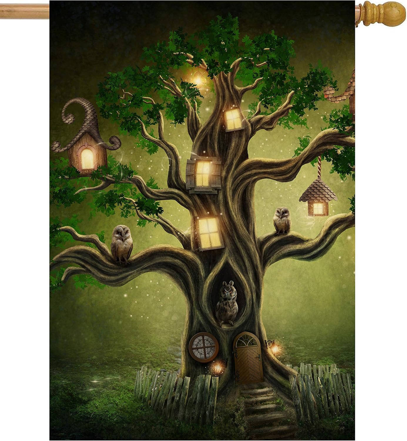 Mysterious Tree Birds Owls Lantern House in Forest Fantastic Fairy House Flag 28" x 40" Double Sided, Polyester Welcome Yard Garden Flag Banners for Patio Lawn Outdoor Home Decor