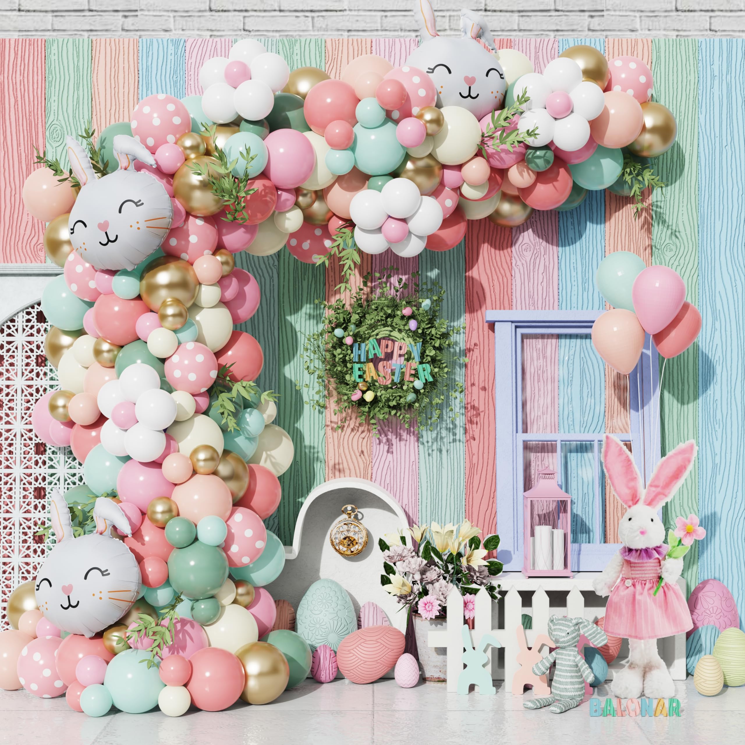 Easter Balloon Garland Pastel Balloons Arch with 145Pcs Dusty Sage Pink Green Latex Balloon Large Bunny Foil Balloon for Spring Flower Easter Party