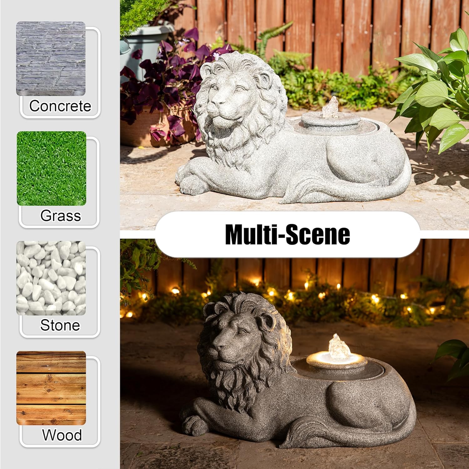 Glitzhome Outdoor Fountain with Lights & Pump, 20" L Zen-Style Lying Lion Polyresin Water Fountain Outdoor, Floor Standing Water Feature for Garden Yard Patio Porch Decor