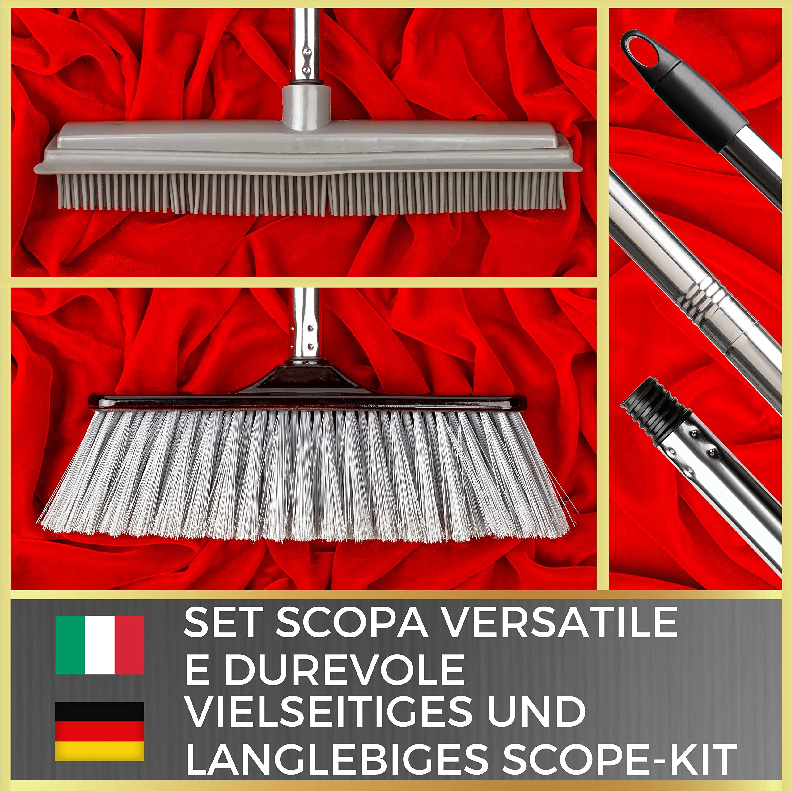 selezione100 Kit Scopa in Silicone per Interni & Scopa Lavapavimenti con 2 Manico Scopa & 2 Appendi Scope - Scopa Esterno & Scopa per Interni per Scopone Pavimenti